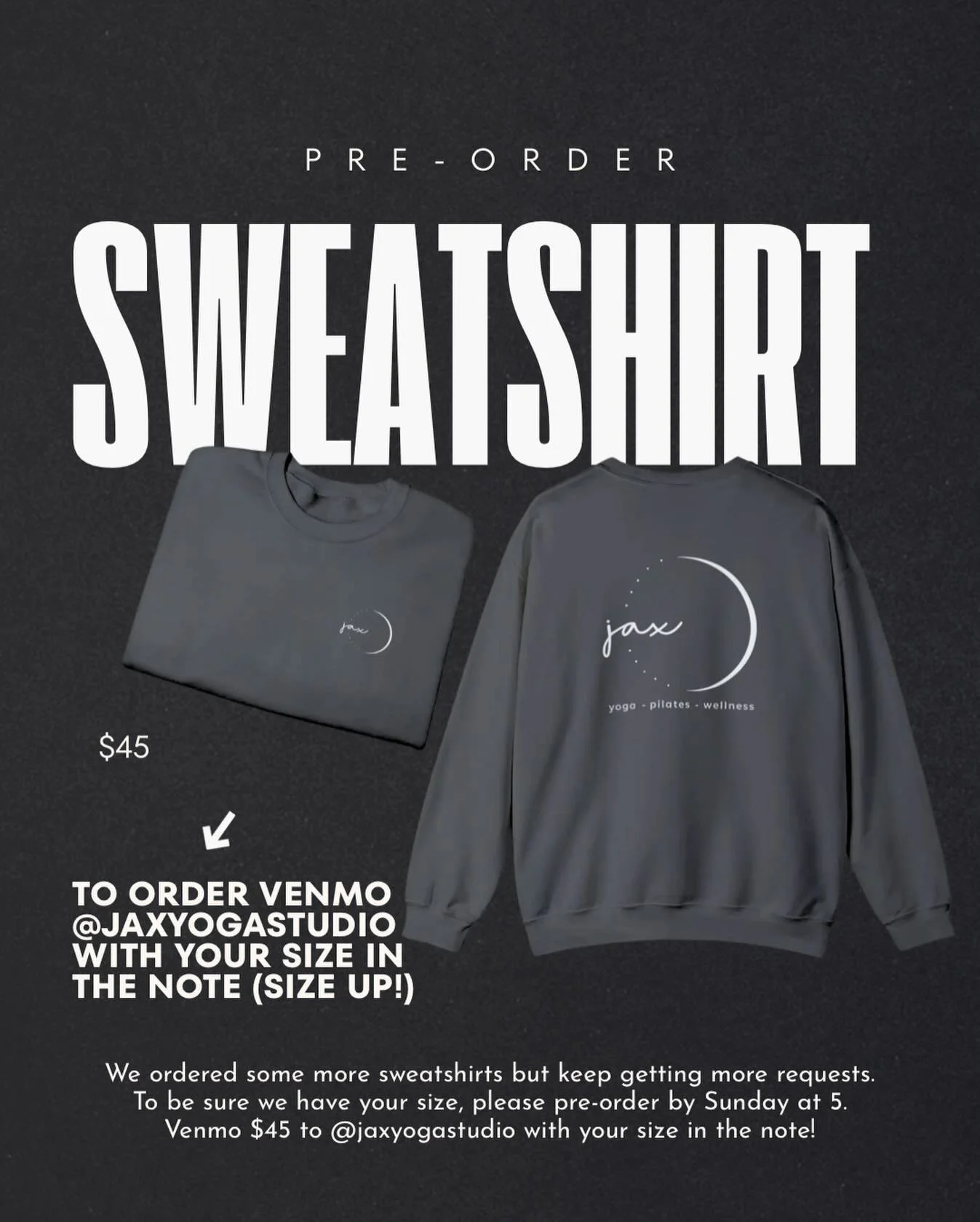 We ordered more, but have had some more requests for additional sizes! To be sure we have your size, please pre-order by Sunday! (We can also get forest green so if you&rsquo;d prefer that, mention it in your Venmo note!)