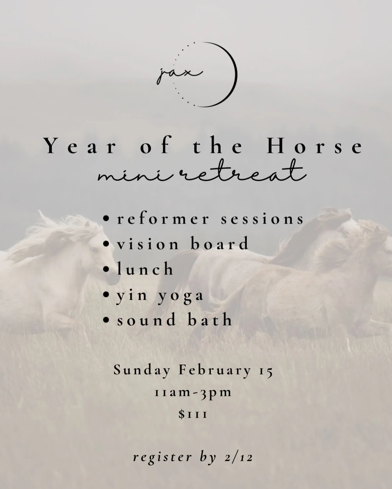 A mini retreat for your body, your nervous system, and your dreams ✨
Move with intention. Rest deeply. Get clear on what you&rsquo;re calling in this year.

Year of the Horse Mini Retreat
Sunday, Feb 15 | 11&ndash;3
Reformer &bull; Vision Board &bull