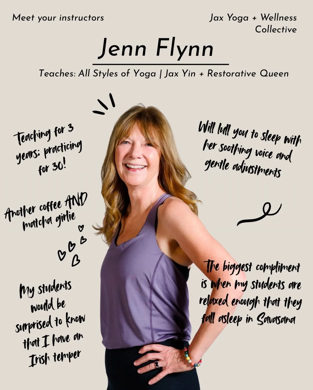 Meet Jenn, the kind of teacher who will gently guide you into deep relaxation and maybe even lull you to sleep with her soothing voice, calming presence, aromatherapy, and the most nourishing adjustments you didn&rsquo;t know you needed.

Hi, I&rsquo