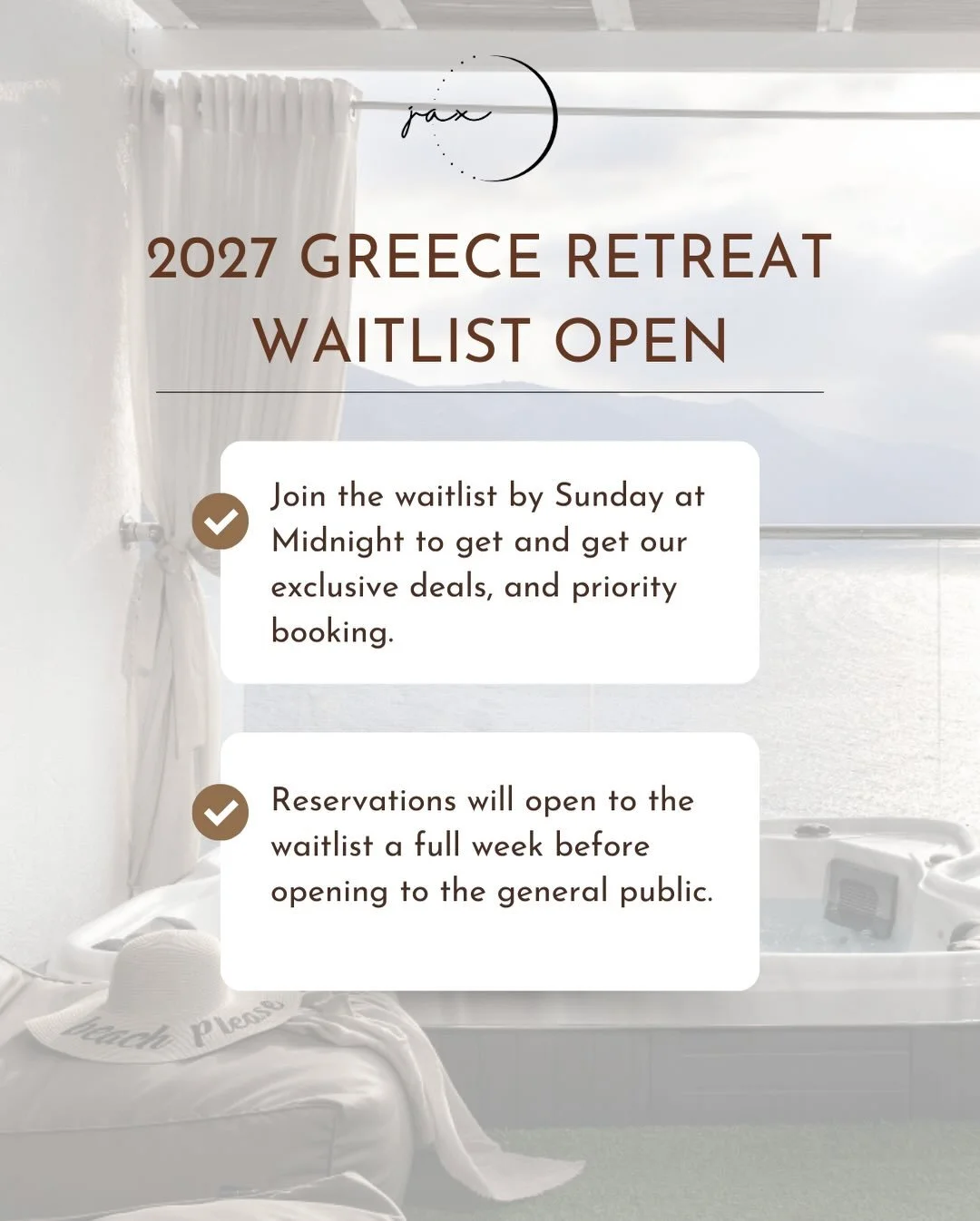 WANDER WITHIN ✨
Greece 2027 Waitlist is officially open.

July 17&ndash;24, 2027
Aegialis Hotel &amp; Spa
Amorgos, Greece

This is a full week to move, nourish, rest, and remember who you are beneath the noise.

What&rsquo;s included:
&bull; Beautifu