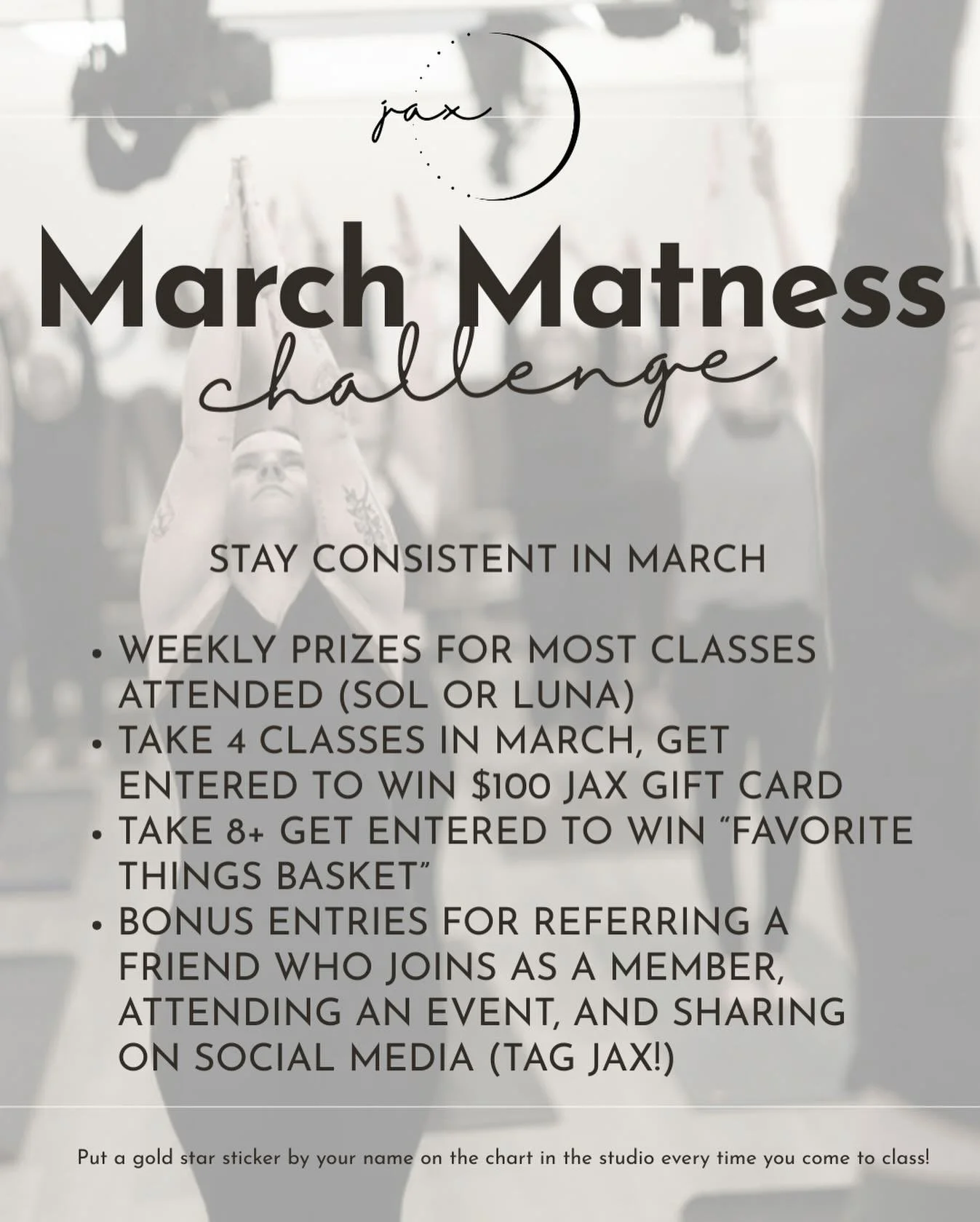 ✨ MARCH MATNESS CHALLENGE IS HERE ✨

Consistency > intensity.
Let&rsquo;s make March the month you show up for yourself.

Here&rsquo;s how it works:
Every time you come to class, put a ✨ GOLD STAR ✨ sticker by your name on the chart at the studio.