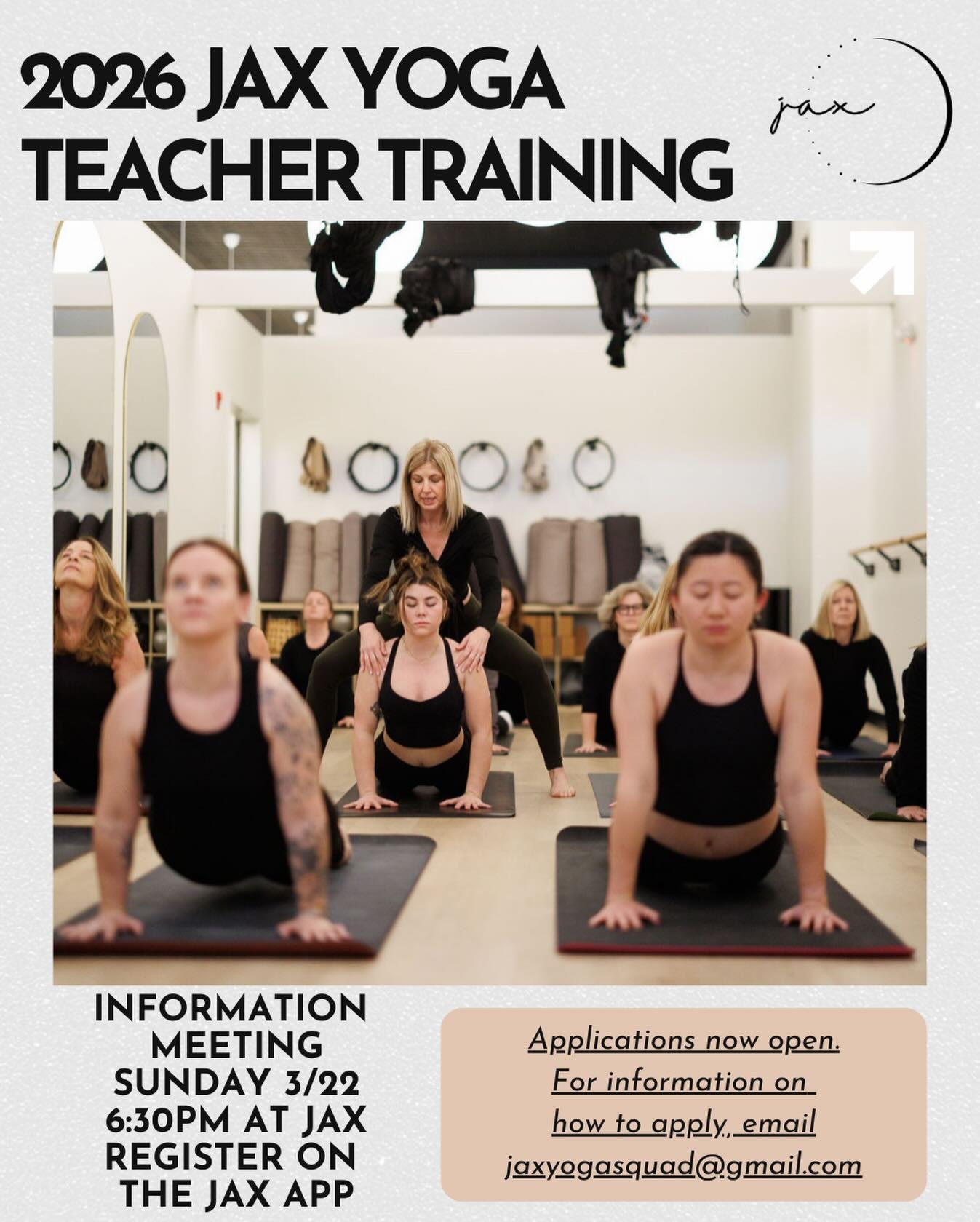 2026 JAX Yoga Teacher Training applications are now open.

This training will run June 2026 through February 2027 and is designed to meet the reality of busy lives while still offering a deep, transformational experience.

Program structure:
&bull; O