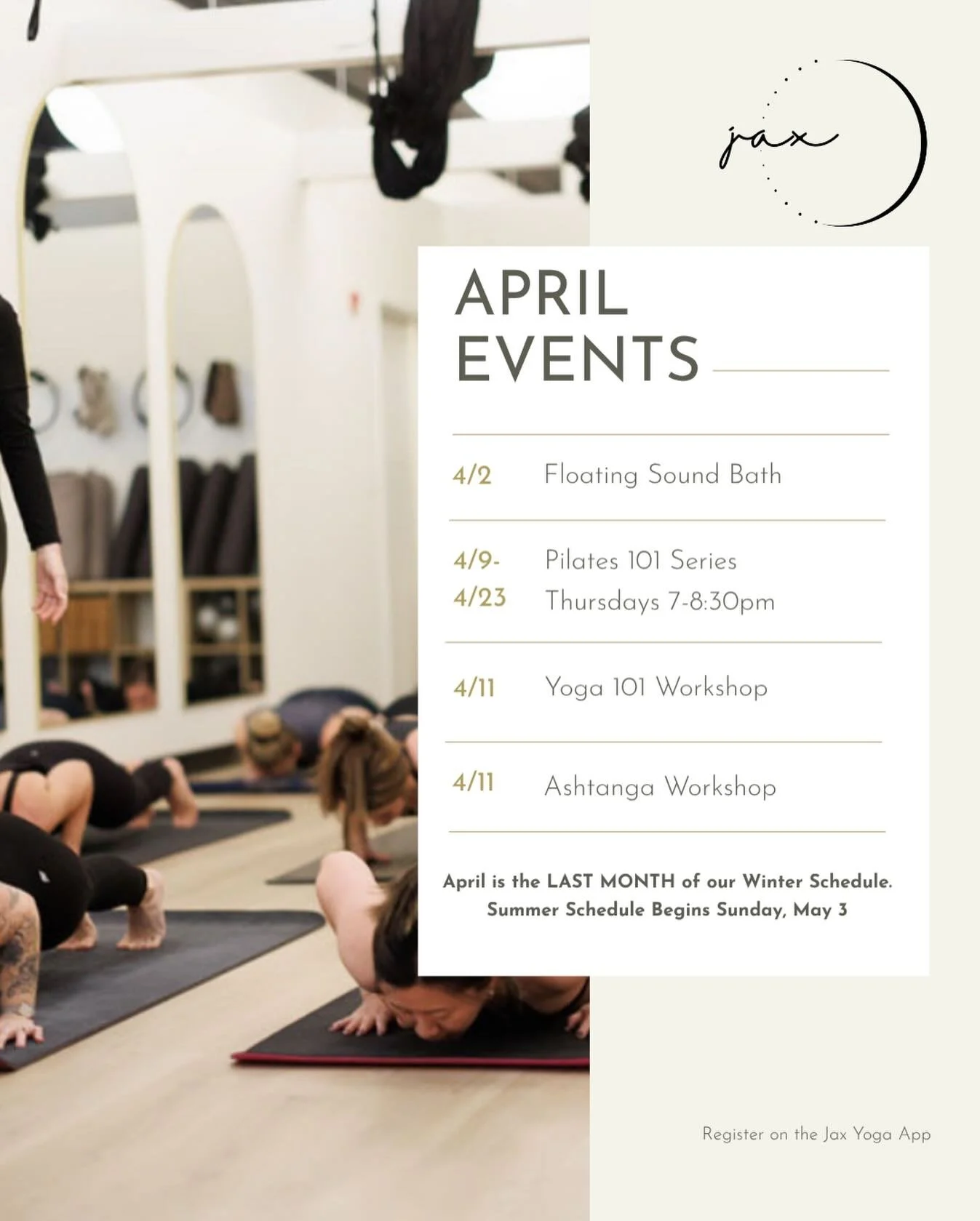 April is full of opportunities to begin again, refine your practice, and reconnect to your body 🤍

We&rsquo;re so excited to offer a mix of movement, education, and deep rest this month:

&bull; Floating Sound Bath (4/2)
A chance to fully exhale, so