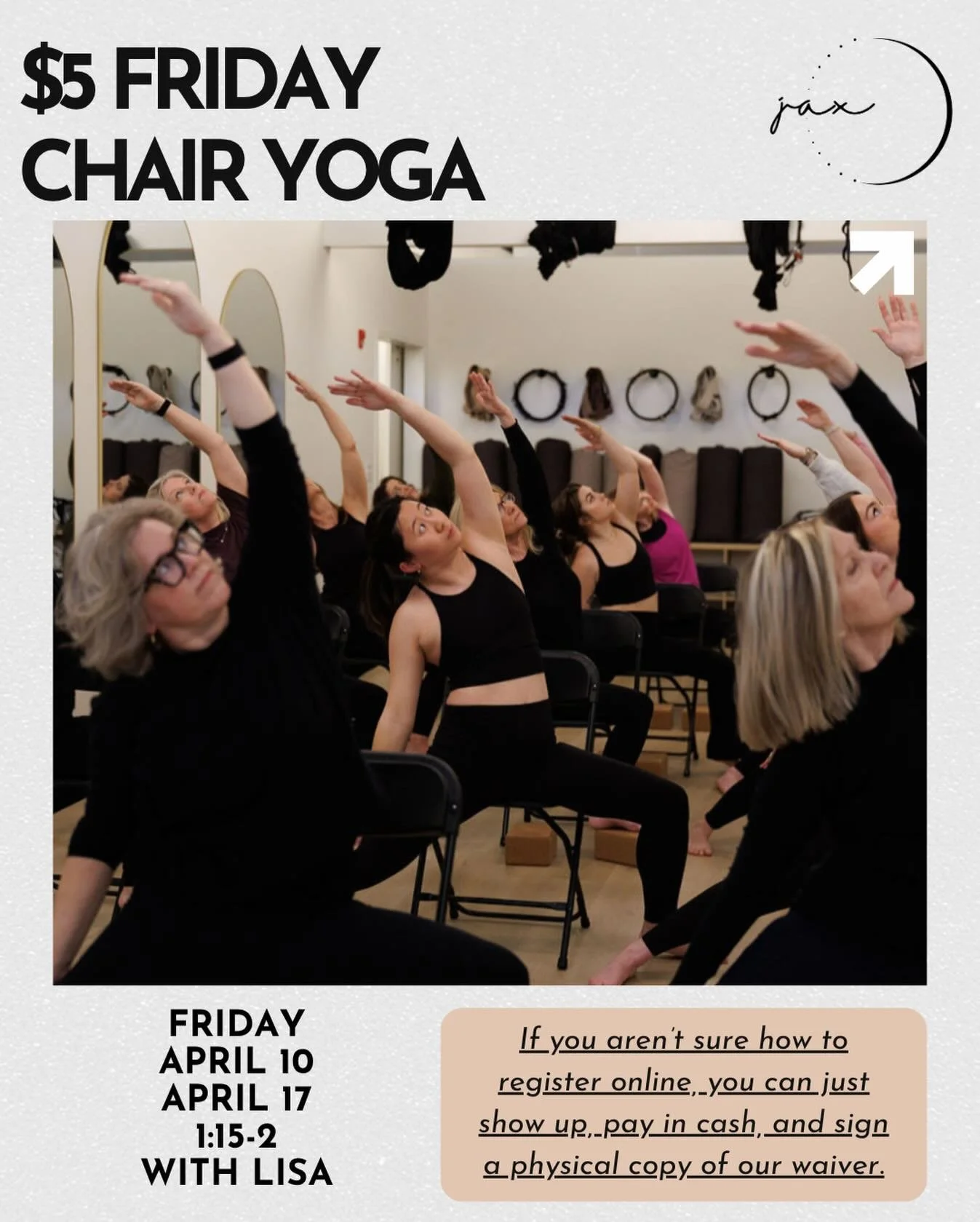 We know not everyone loves (or feels comfortable with) registering online&hellip; and we never want that to be the reason you don&rsquo;t walk through our doors.

So for the next two Fridays, we&rsquo;re trying something new ✨
$5 Chair Yoga &bull; ju