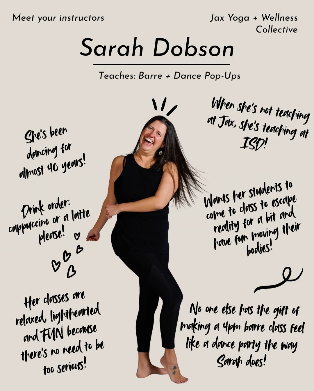 No one embodies our belief that moving your body should be FUN more than Sarah!

Meet Sarah, our Tuesday 4pm barre instructor and dance pop up queen (her next dance pop up is coming up on May 7- get in here!) 

&hellip;..

Hello! I&rsquo;m Sarah and 