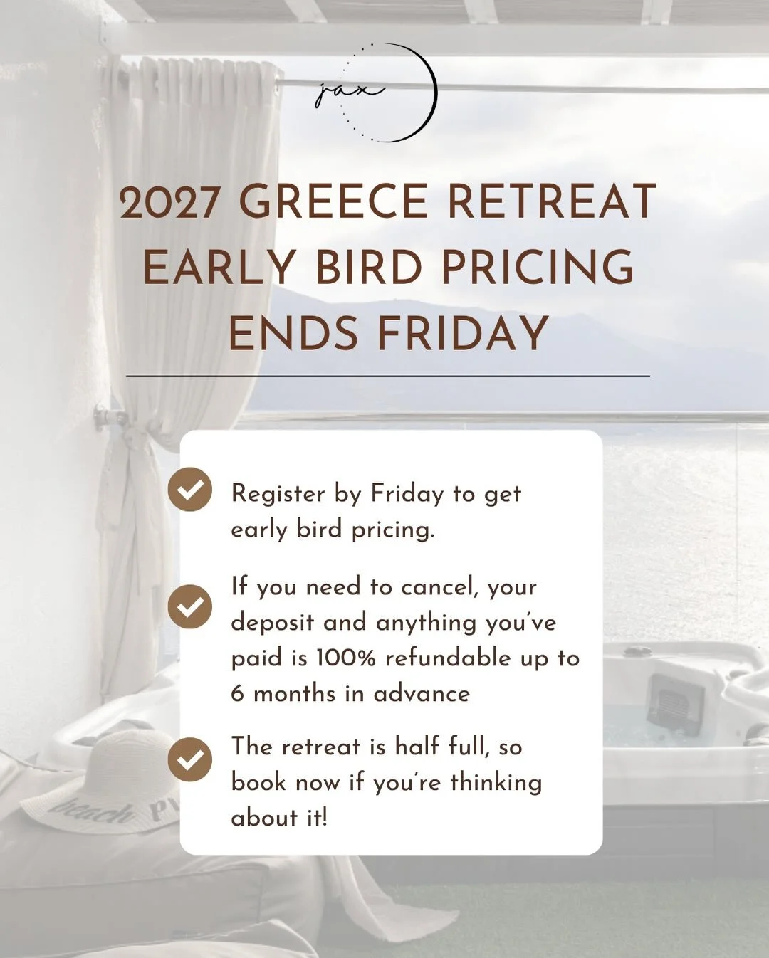Need something to look forward to? How about a Jax retreat in Greece next summer?

We&rsquo;re about a year out, and I know the world feels a little unpredictable right now. Travel, finances, schedules&hellip; all of it. So if you&rsquo;re feeling li