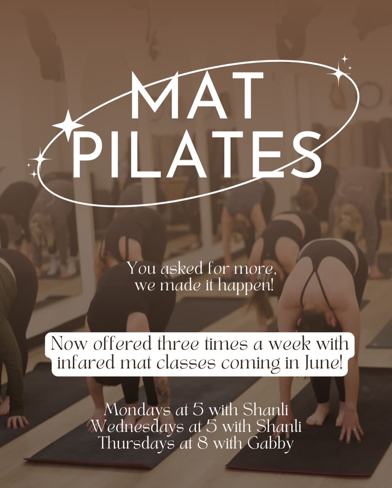 MAT PILATES 🤎

You asked for more&hellip; so we made it happen. Three mat classes a week and infared mat classes coming in June!

While reformer Pilates is incredible, mat Pilates offers benefits all its own, especially once you&rsquo;re strong enou