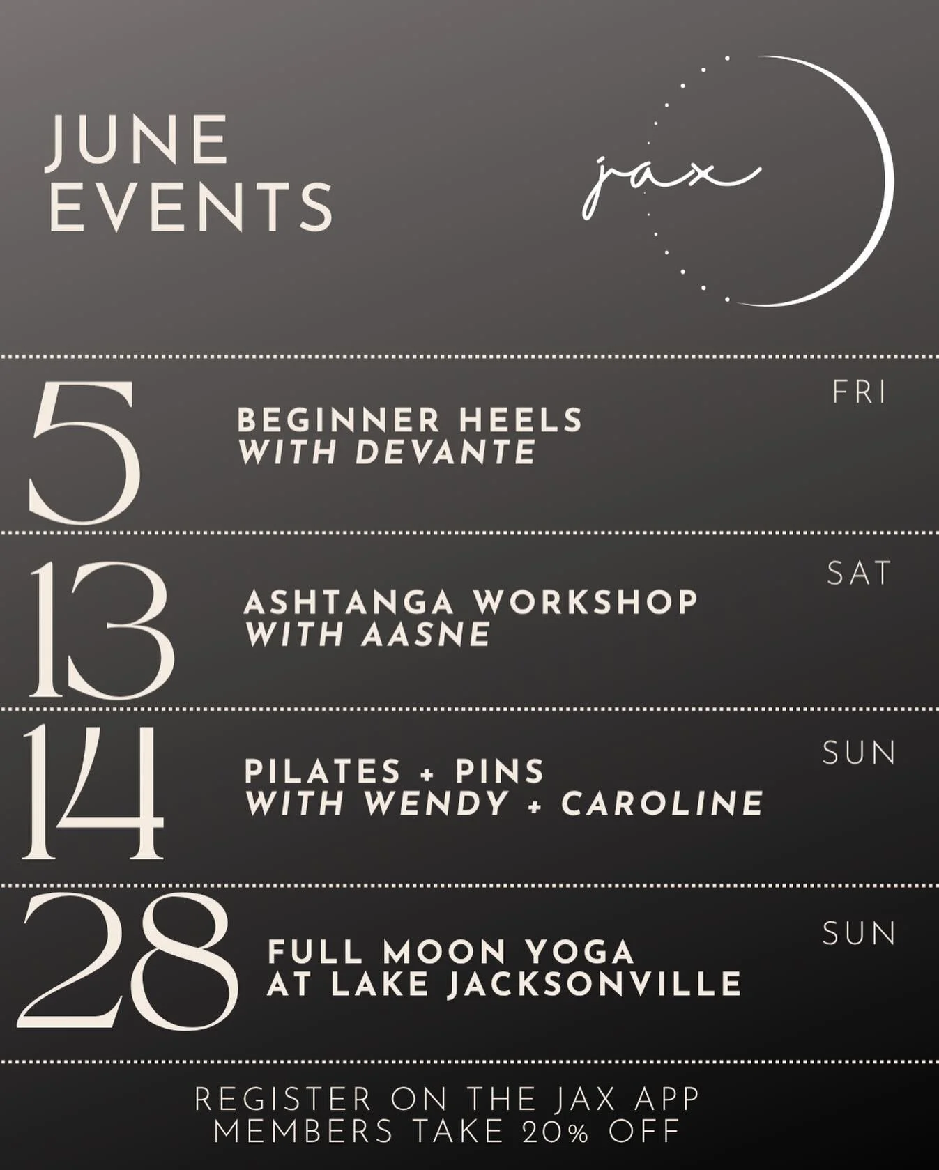 ✨ JUNE EVENTS AT JAX ✨

We&rsquo;re bringing in the perfect mix of movement, community, education, recovery, and FUN this June. Spots are limited for several of these events, so we highly recommend registering early through the Jax app.

👠 Beginner 