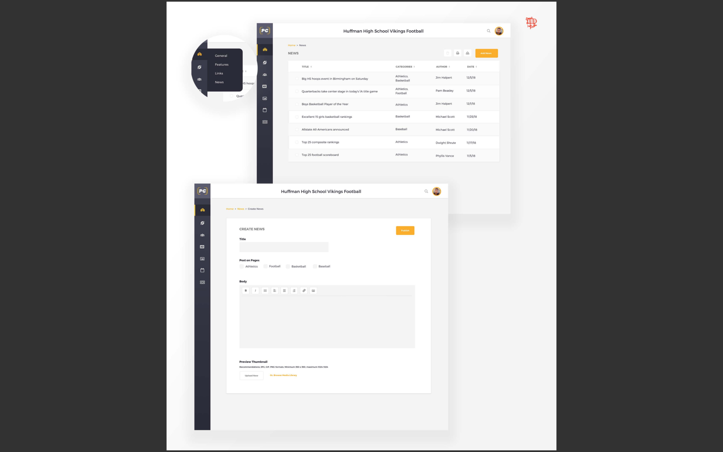Example of Team Admin Portal. Content Management & Creation. For Illustration Purposes Only. No representation is made that schools or companies shown are partners of or sponsors of Pure Game.