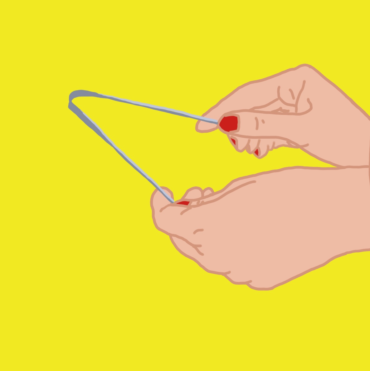 1. HOLD SCRAPER WITH BOTH HANDS Tongue scraping involves using a U bent piece of metal to scrape the surface of your tongue. As a first step, hold the tongue scraper with both hands firmly.