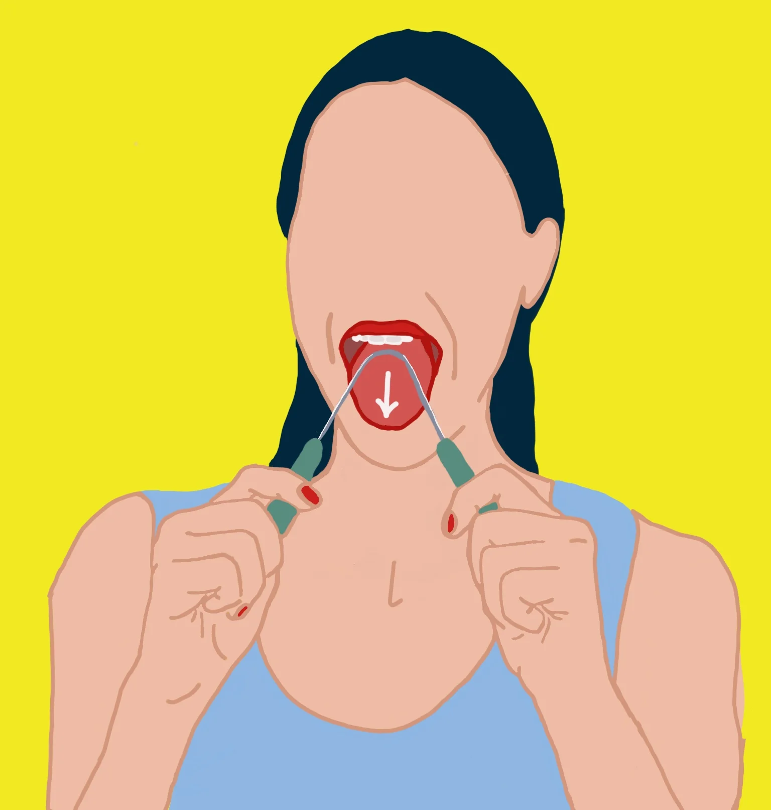 2. PLACE THE SCRAPER AT THE BACK OF YOUR TONGUE Extend the tongue and place the scraper right in front of the bumps we all have at the back of our tongue (try to not scrape those bumps). 3. SCRAPE FROM BACK TO FRONT Gently scrape forward from the back or base of the tongue using one long stroke, until you have scraped the whole surface. Scrape firmly, but gently. You should see gunk coming together along the edge of the scraper. 4. REPEAT UNTIL THERE IS NO MORE RESIDUE Rinse the residue off the scraper and begin again. Do this until the tongue feels clean and is free of coating, anywhere between 7-10 times then rinse your mouth & brush your teeth. Wash the scraper well after each use with hot water. Illustrations by Faustine Badrichani