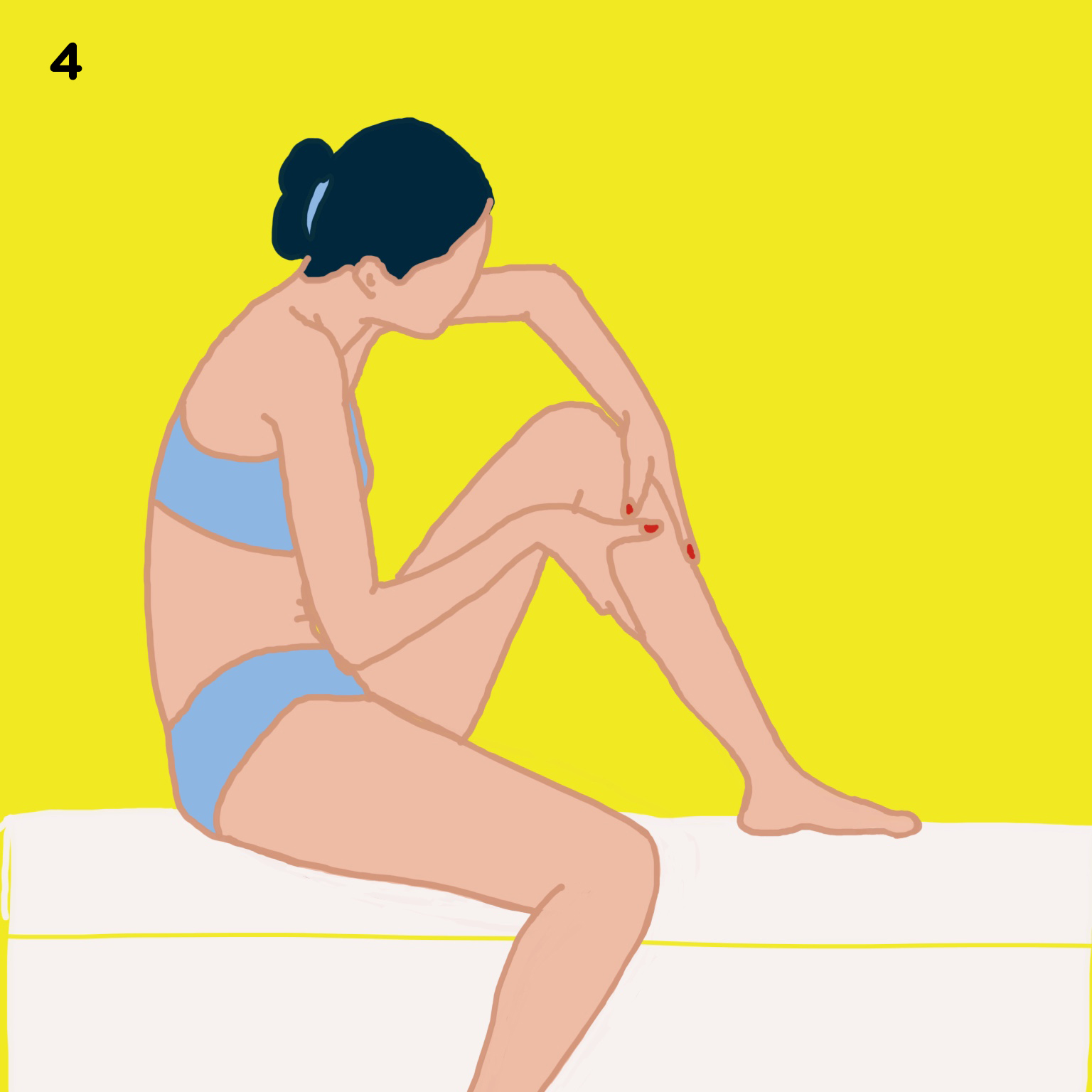 4. FEET, LEGS & BUTTOCKS Beginning at your feet and working toward the middle of your body, use long strokes on the legs and circular strokes on the knees. Tip 1: We like to place one foot on the rim of the bathtub or sink here. Tip 2: we take our time massaging the plant of our feet (where loads of nerve endings concentrate), our ankles before moving our way up to the legs. Tip 3: When getting to the thighs and buttocks, we do our anti-cellulite massage at the same time. Read: How to say ‘aurevoir’ to your cellulite