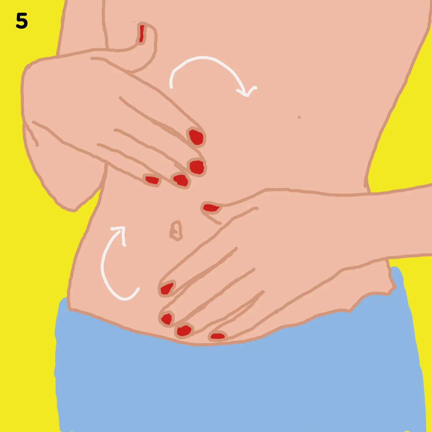 5. ABDOMEN & CHEST Massage the abdomen and chest in broad, clockwise, circular motions. Don’t be afraid to spend as much time on the abdomen as it feels good, especially if you’re feeling bugged down or constipated. Also, don’t forget to massage your breast as it stimulates circulation to the tissue tomaintain their shape and prevent sagging.