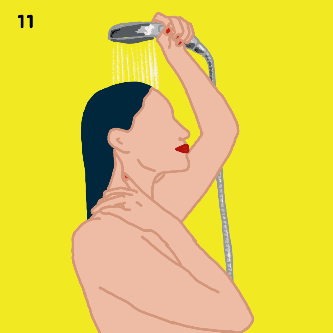 11. RELAX & SHOWER All in all, this massage should take anywhere between 10 to 15 minutes. If you can, wait a few minutes before showering… the longer the oil stays on your skin, the longer it has to seep in & you will reap the benefits from it. Enjoy a warm shower where you use soap only in the private areas or where needed - the oil will take care of the rest. Illustrations by Faustine Badrichani