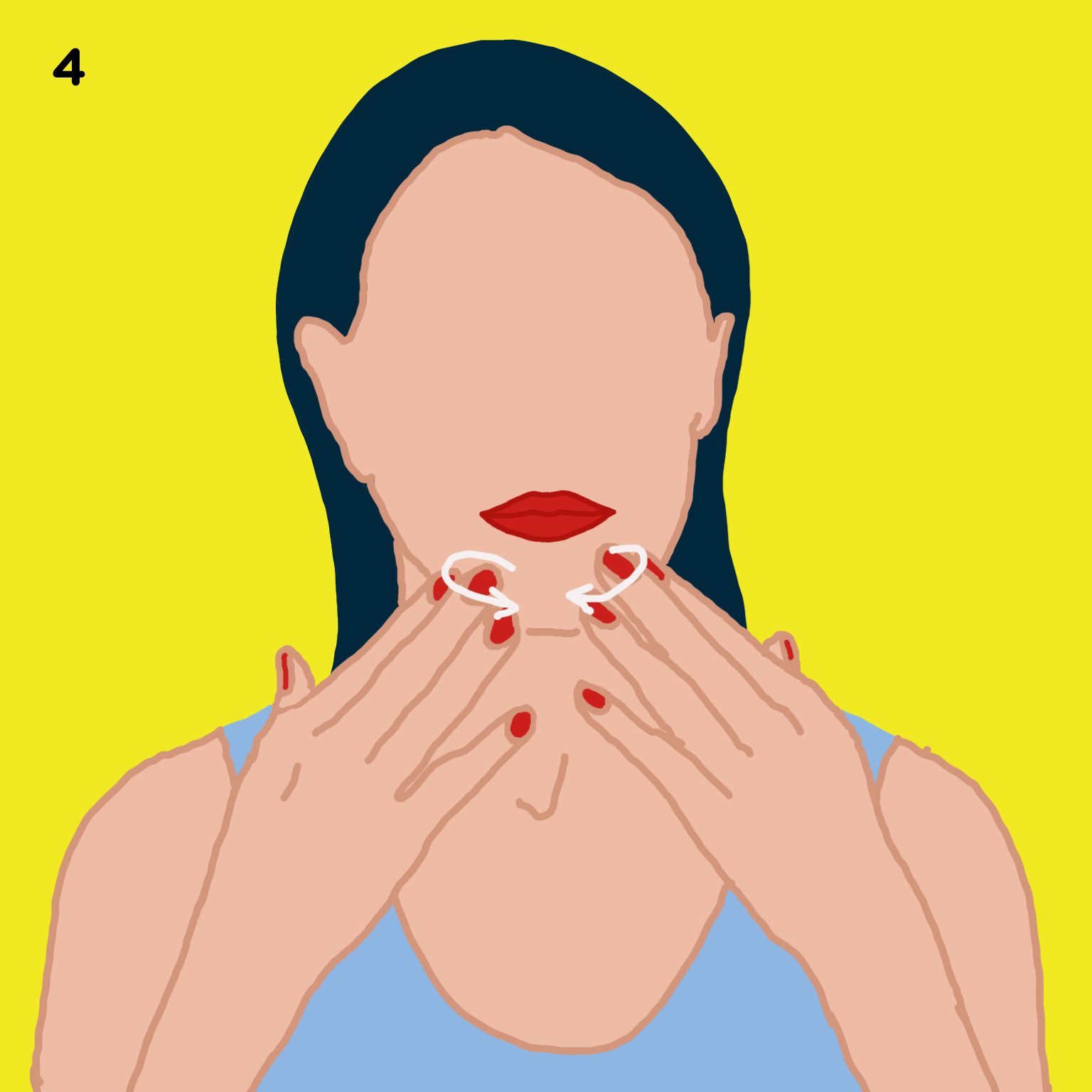 4. YOUR CHIN Move to your chin and massage with both hands, using your 3 middle fingers. You have tons of lymph nodes right there so if you break out here a lot, you’re going to want to do this massage in particular because this will help clear up those breakouts.