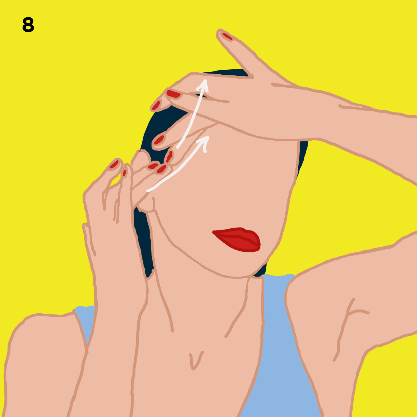 8. YOUR EYES Massage right under the eyes using your 3 middle fingers along your nose. This is a great massage for puffy eyes and dark circles. Now, move to where the cheekbone and corner of the eyes meet and iron out existing crows feet by using both middle fingers and massaging the side of your eyes in an upwards manner.