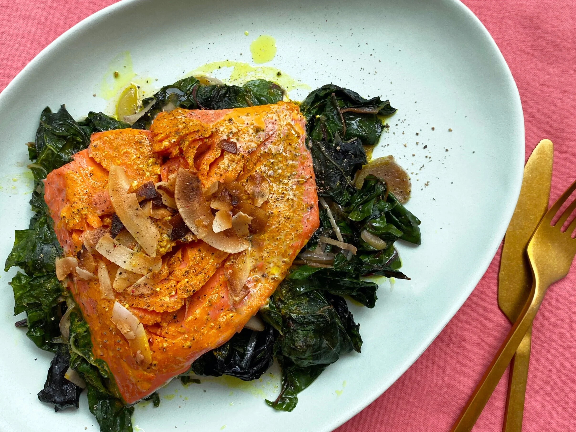 Turmeric salmon with coconut chips