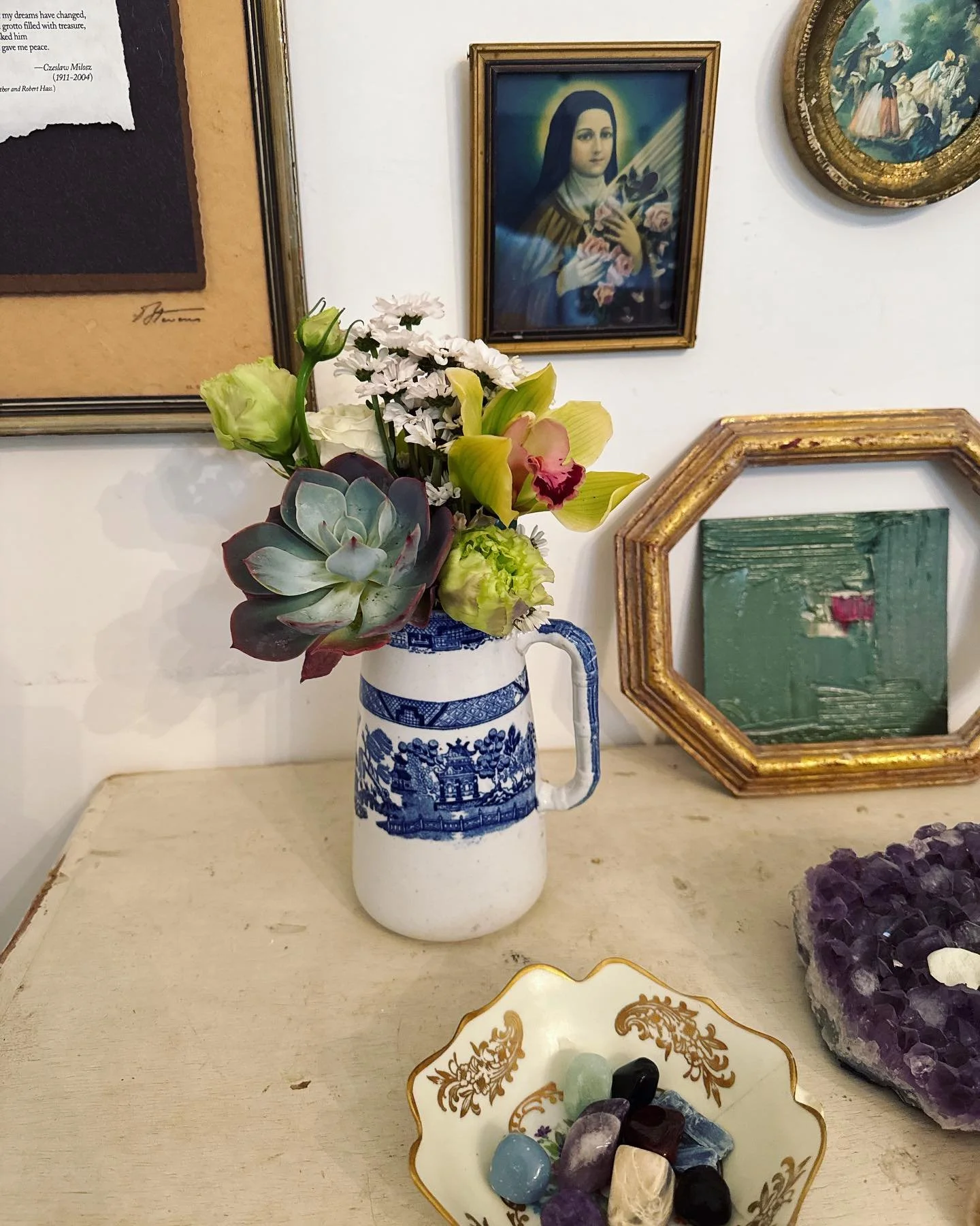 I have so many objet d&rsquo;art that bring me support and joy while working. In my office I keep pictures that inspire me, found treasures, poems, and artwork (the little green painting is from an artist in the Ukraine) that inspire me as I teach an