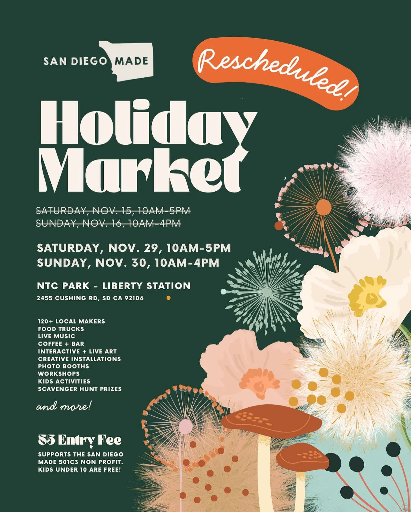 We can&rsquo;t wait for this weekend&rsquo;s holiday market by @sdmademarkets at @libertystation NTC Park!!! San Diego&rsquo;s legendary weather ☀️ will deliver! Rescheduling this popular market only makes it a better weekend to come shop + sip + enj