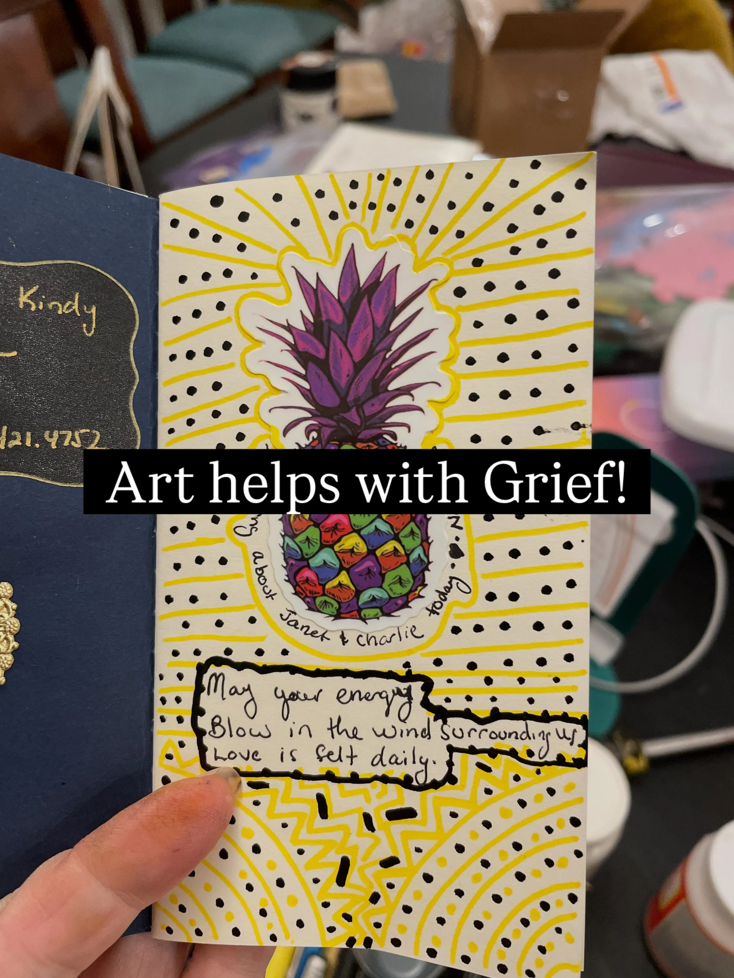 Journaling, collaging, doodling, and drawing are powerful forms of art therapy that help in grief. They distract the mind, keep the body doing something, focus our attention, and create something external as part of our feelings - something outside o