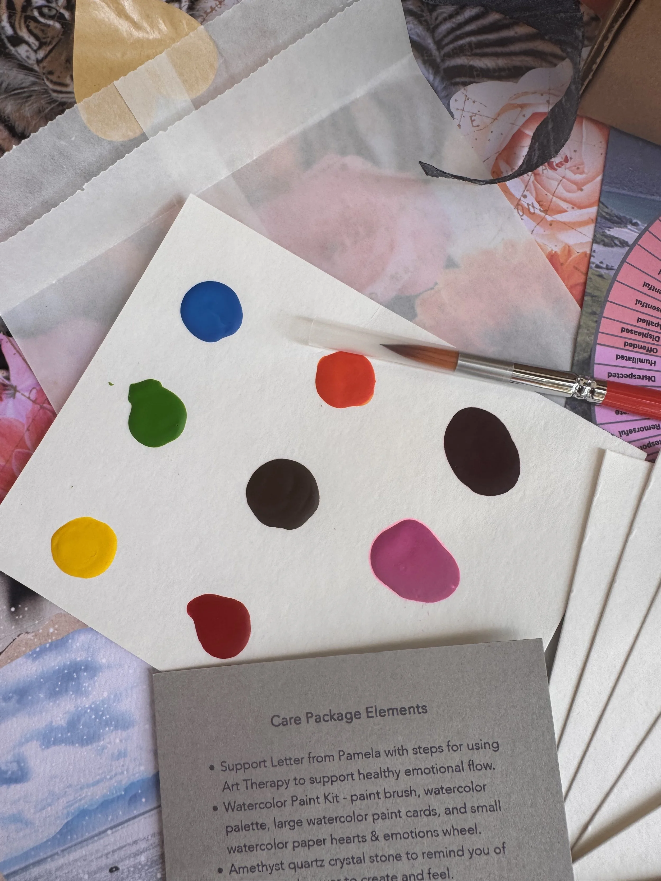a bounty of grief support in the form of a supportive letter, affirmation card, spotify playlist, guided imagery, talismans and treasures, holistic support activity and elements, and hand crafted artwork to inspire.