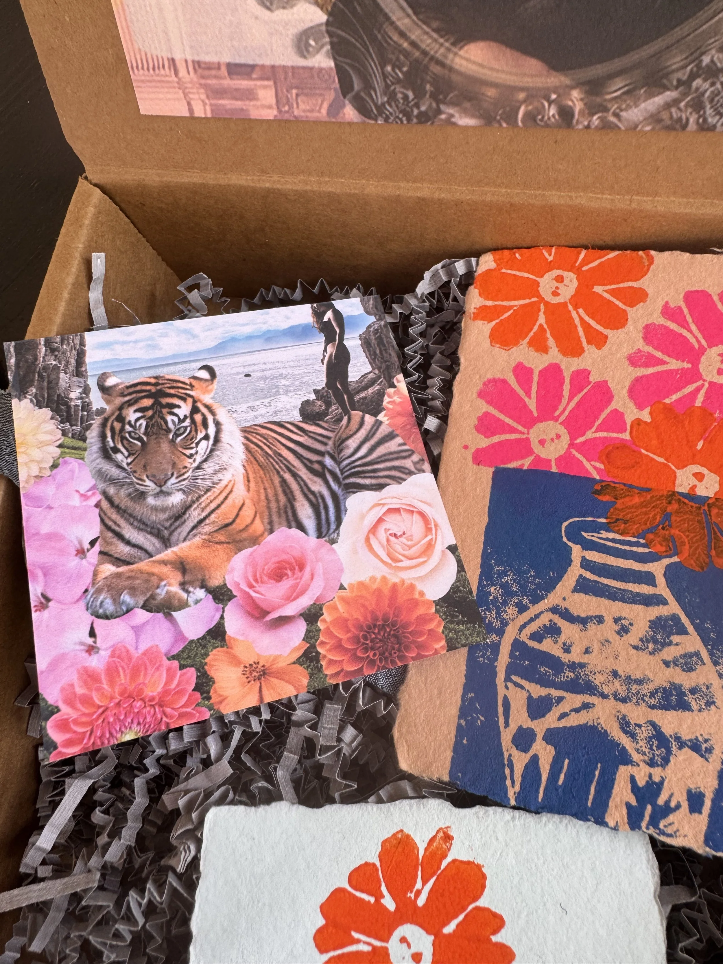 a bounty of grief support in the form of a supportive letter, affirmation card, spotify playlist, guided imagery, talismans and treasures, holistic support activity and elements, and hand crafted artwork to inspire.