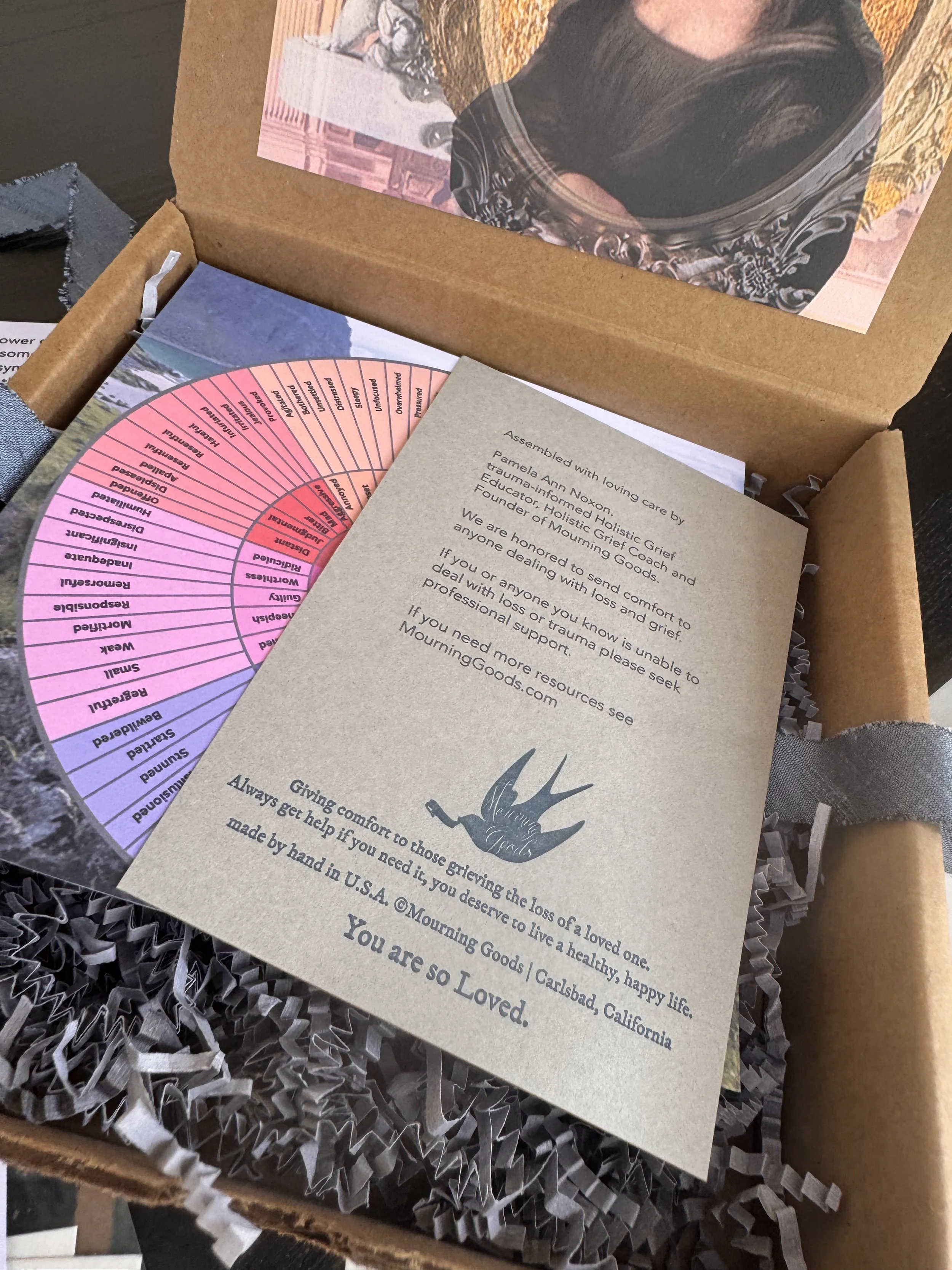 a bounty of grief support in the form of a supportive letter, affirmation card, spotify playlist, guided imagery, talismans and treasures, holistic support activity and elements, and hand crafted artwork to inspire.