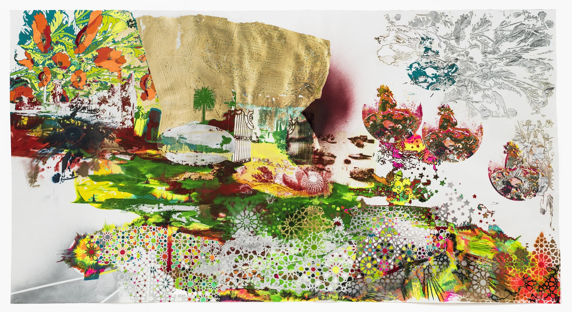 We moved suddenly to the ideological brink where we could no longer stand each other. We heaped a great inferno into the ocean where it boiled over to form this new world, 2017 Paper Lithography, Screenprint, acrylic, colored pencil, gold and silver leaf, laser cut and spray paint on paper 71.5 in W x 38.5 in H