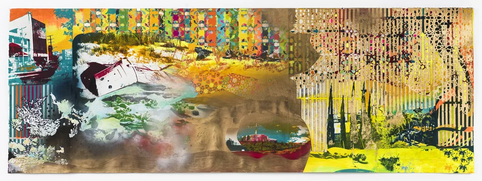 The sun rises over the canyon mixing with ocean air. It lifts a crimson haze on a succulent studded hillside. Palm trees shudder. The ocean hammers the rocks below, 2017 Photo Lithography, Screenprint, colored pencil, oil, acrylic, gold leaf and spray paint on paper 63.75 in W x 23 in H