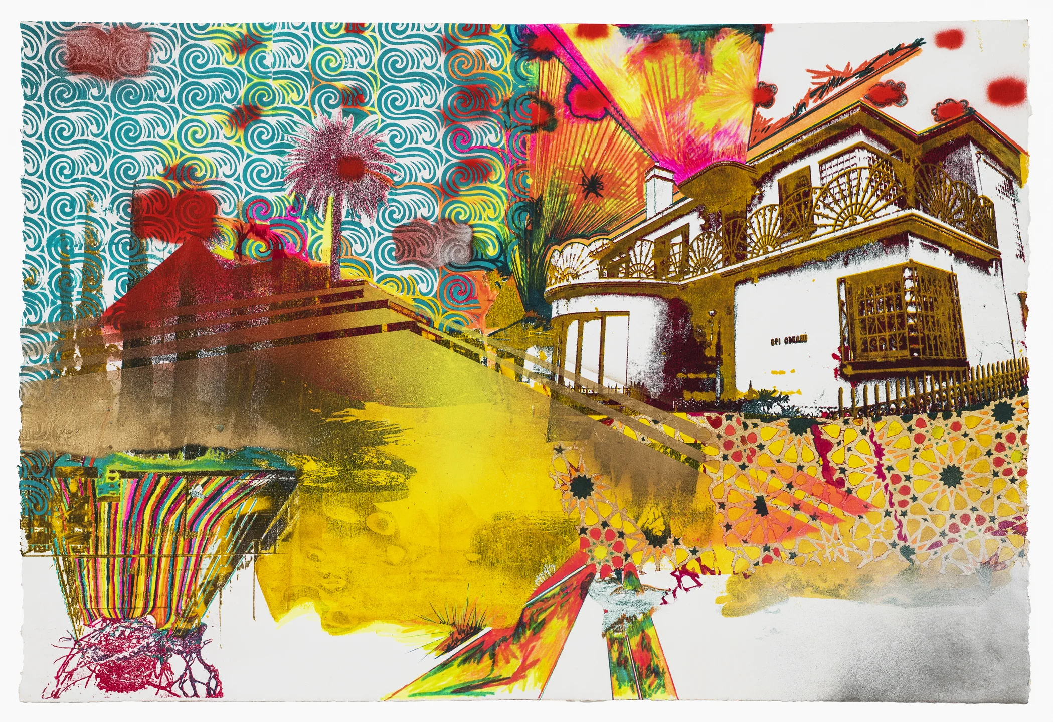 I look up to where a home has appeared on the Cliffside and the sun rises over the canyon mixing with ocean air. (Variation 2), 2017 Photo Lithography, Screenprint, colored pencil, acrylic and spray paint on paper 31 in W x 22 in H