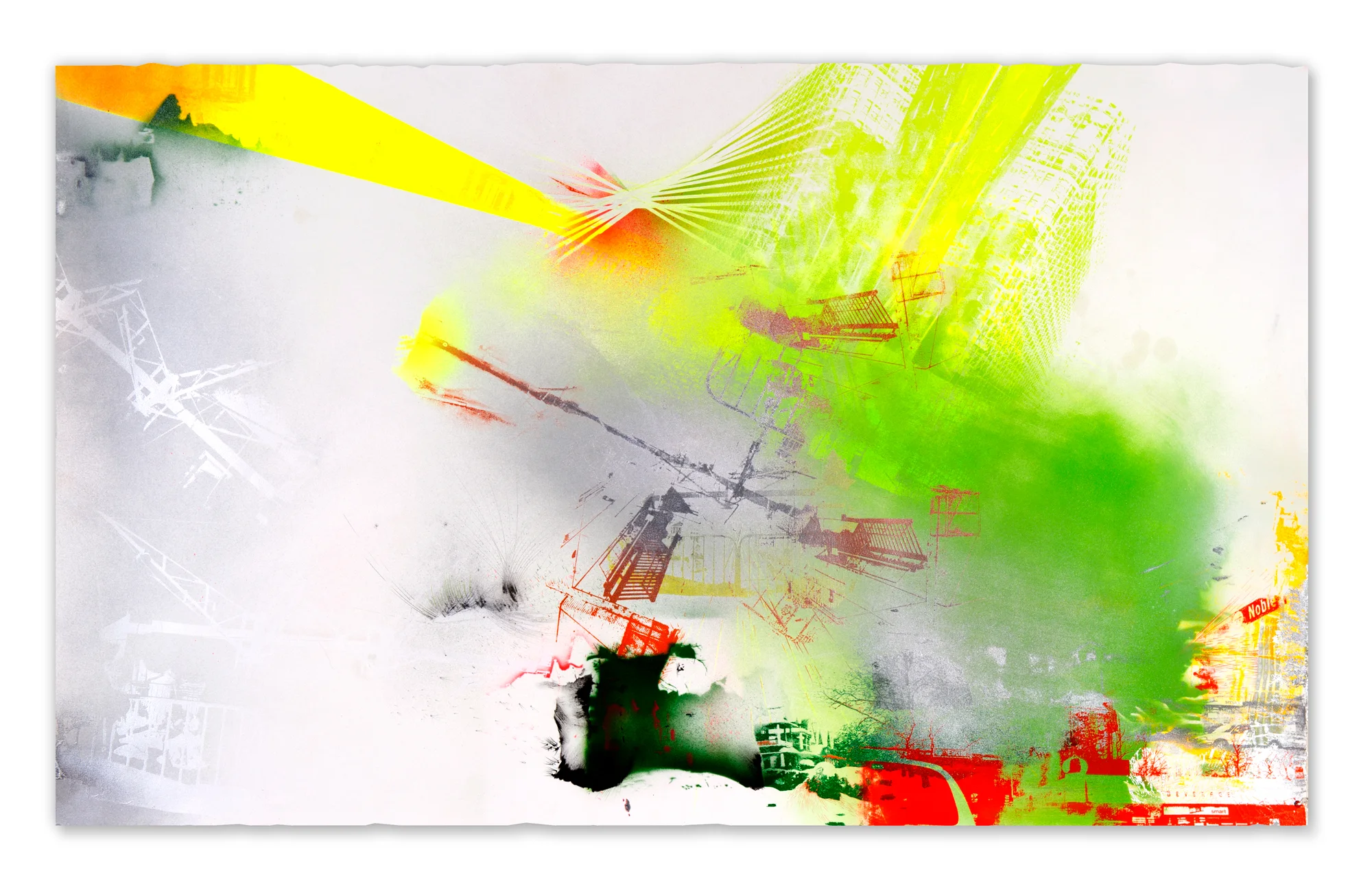 The Hollenden Hotel, caged for demolition. The rest of the city can topple in its wake..., 2015 Screenprint, pencil, spray paint, silver leaf, Sumi ink and pencil on paper 60 in W x 35 in H