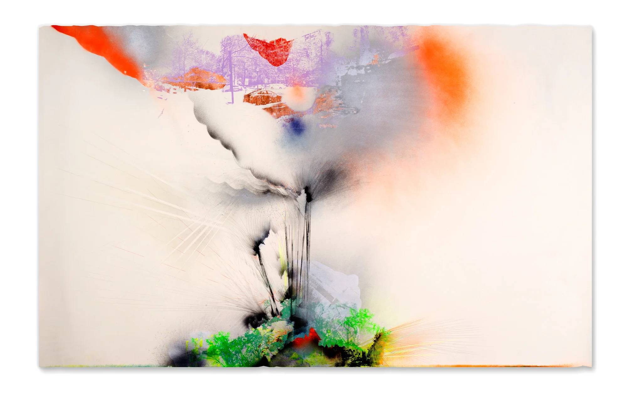 Musicians Towers is home to over 1100 residents; we pass it on our walks, 2015 Screen print, paper lithography, acrylic, Sumi ink, spray paint and pencil on paper 96 in W x 47 in H
