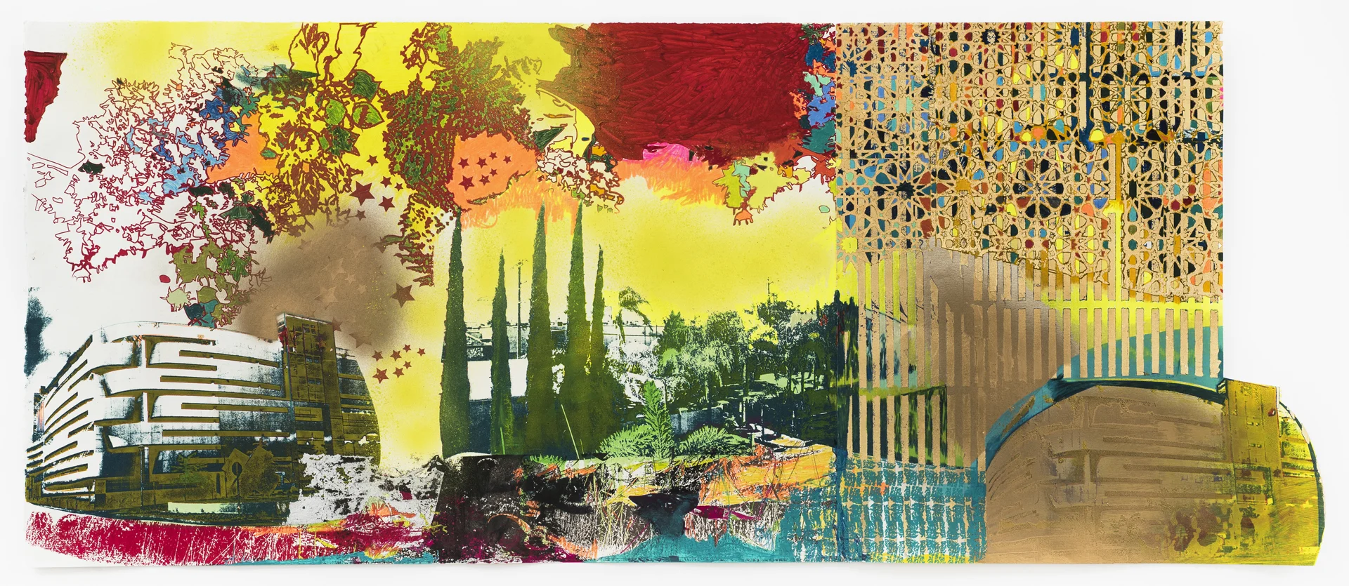 The sky color here speaks a thousand languages. In the north, you’re insulated from color on the endless stretch of monochromatic days refracted in office tower glass. Here, color speaks to you all of the time, 2017 Photo Lithography, Screenprint, colored pencil, acrylic, gold leaf and spray paint on paper 47.75 in W x 20 in H