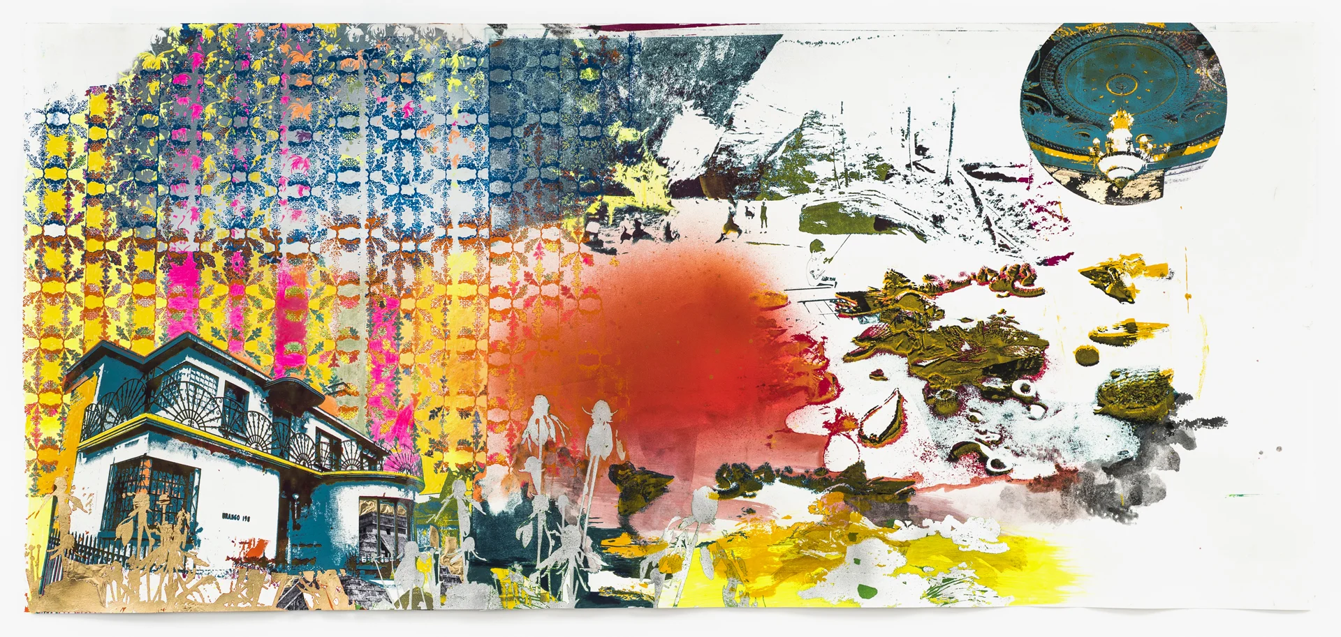 Crossing the border; it has long been the most armored place on the continent, 2017 Photo Lithography, Screenprint, colored pencil, acrylic, gold and silver leaf, collage and spray paint on paper 48.5 in W x 22.5 in H