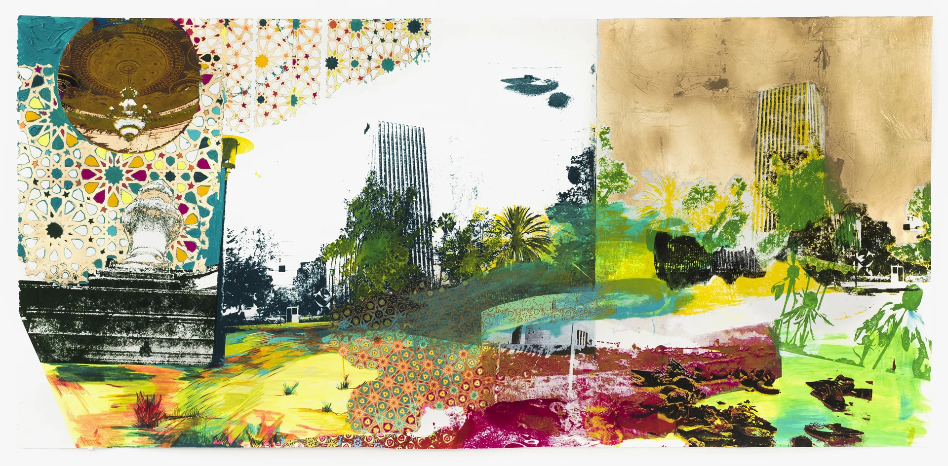 It’s hard to explain, but it happened slowly, the transition, 2017 Photo Lithography, Screenprint, colored pencil, acrylic, gold leaf and spray paint on paper 49.25 in W x 23 in H