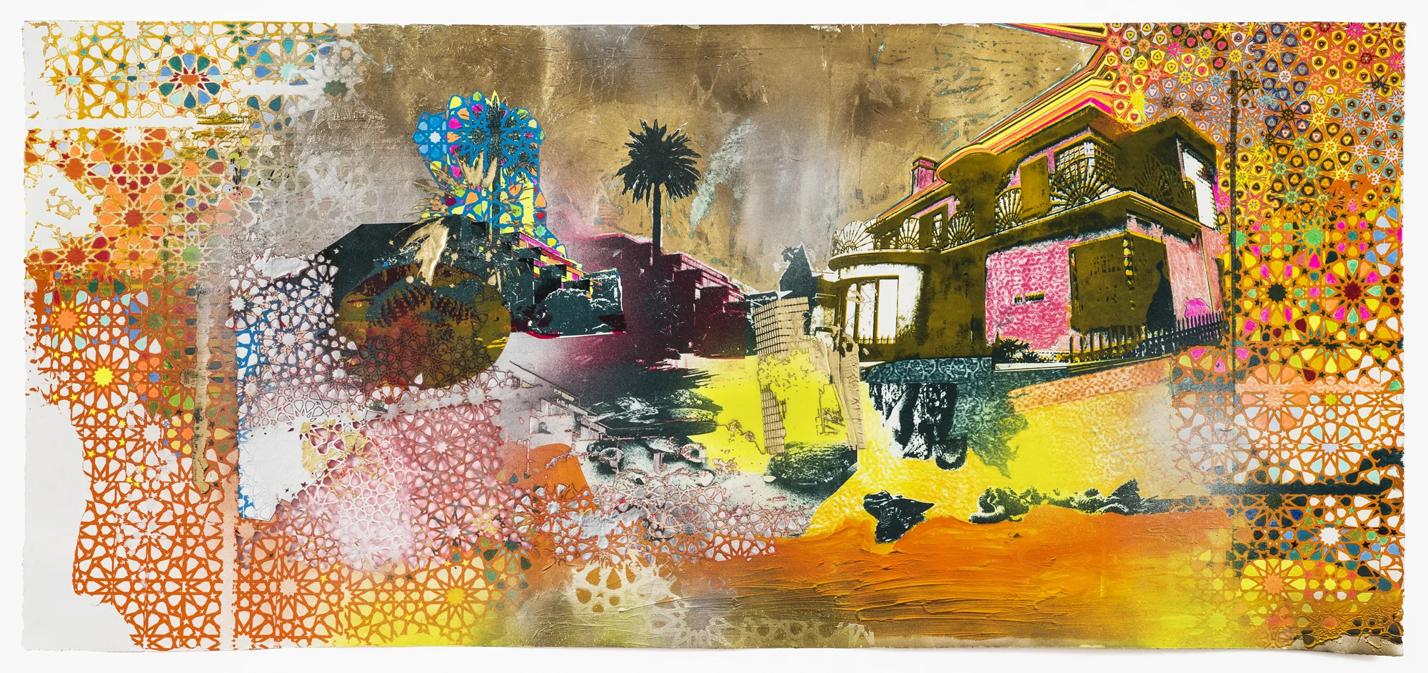 I look up to where a home has appeared on the cliffside. It is ornately carved and near the top raining rays of light down on the beach, 2017 Photo Lithography, Screenprint, colored pencil, acrylic, gold and silver leaf, laser cut and spray paint on paper 50.25 in W x 23 in H