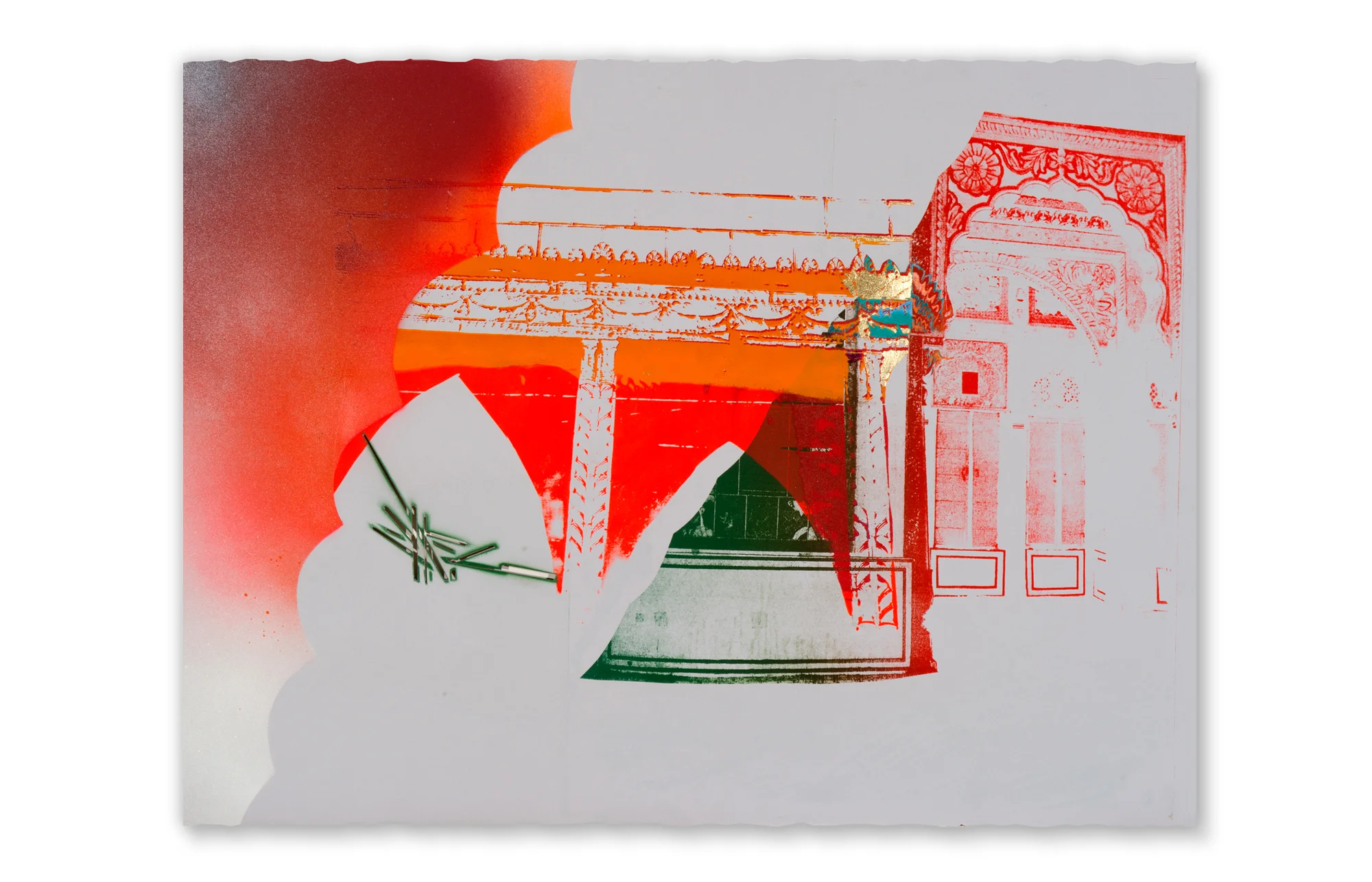 Door to door, it’s 12-20 minutes from home to Zygote Press, if you take Superior Avenue; The new Lancer looks like a Mughal Palace #1, 2015 Photo Litho, Screenprint and Painting on gray paper, 2015
