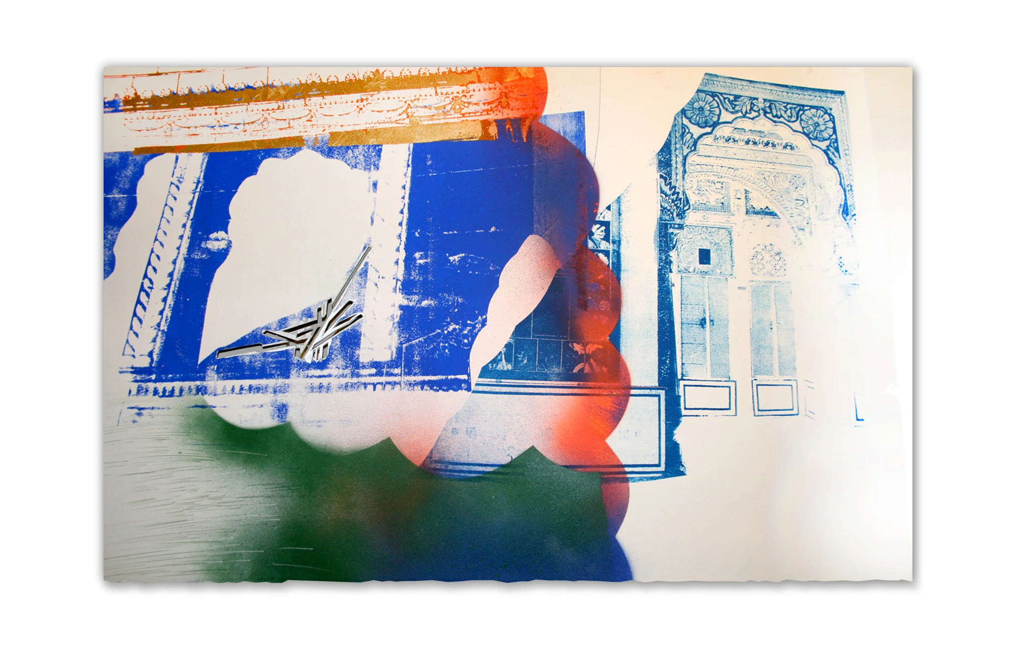 Door to door, it’s 12–20 minutes from home to Zygote Press, if you take Superior Avenue; The new Lancer looks like a Mughal Palace #2, 2015. Photo Litho, Screenprint and Painting on paper.