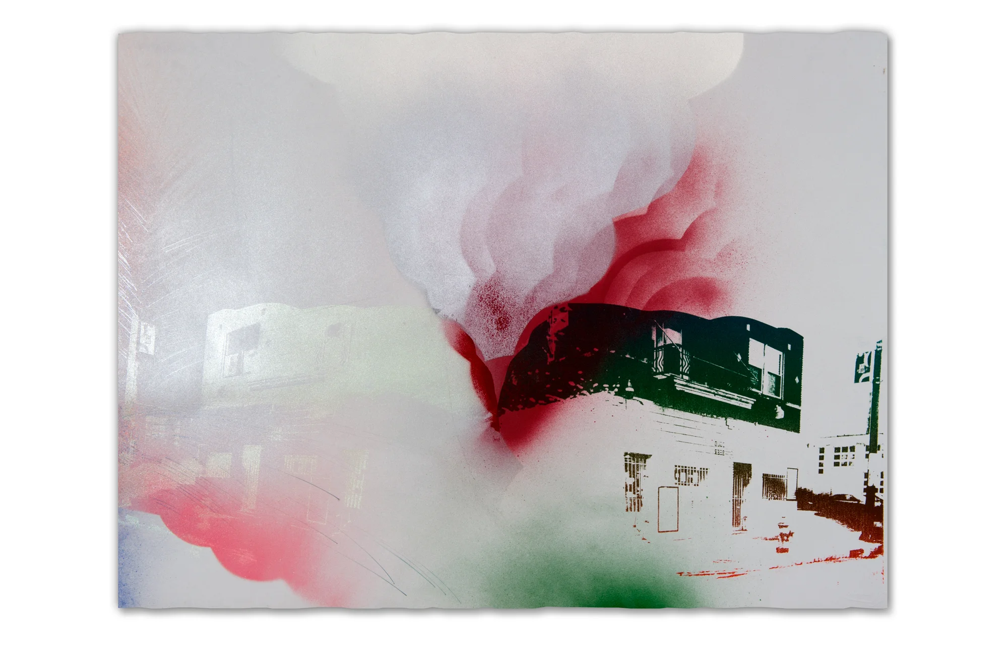 Door to door, it’s 12–20 minutes from home to Zygote Press, if you take Superior Avenue: cold beer cold wine, 2015. Photo Litho, Screenprint and painting on gray paper
