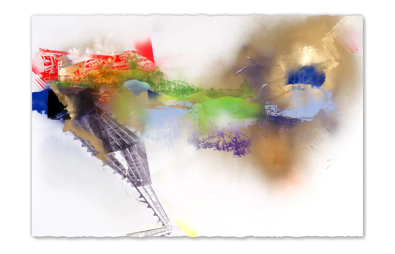 The old flower shop is now a hospital parking lot; they’re calling those new condos “Upper Chester”, 2015 Screen print, paper lithography, acrylic, spray paint and pencil on paper 60 in W x 41 in H