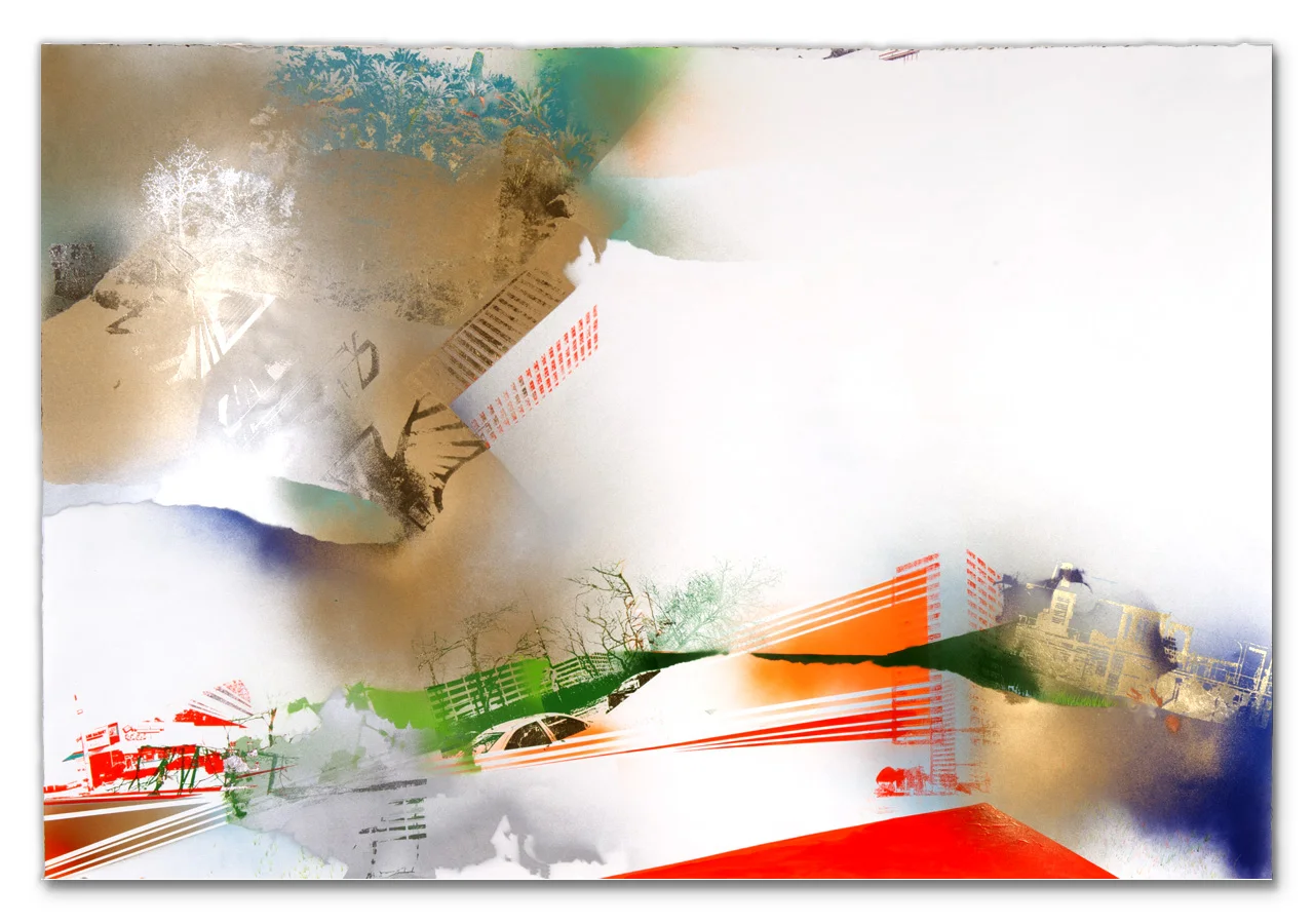 Village Market, West, from Memphis Kiddie Park across town back East to Parking, 2015 Screen print, paper lithography, acrylic, spray paint and pencil on paper 60 in W x 41 in H