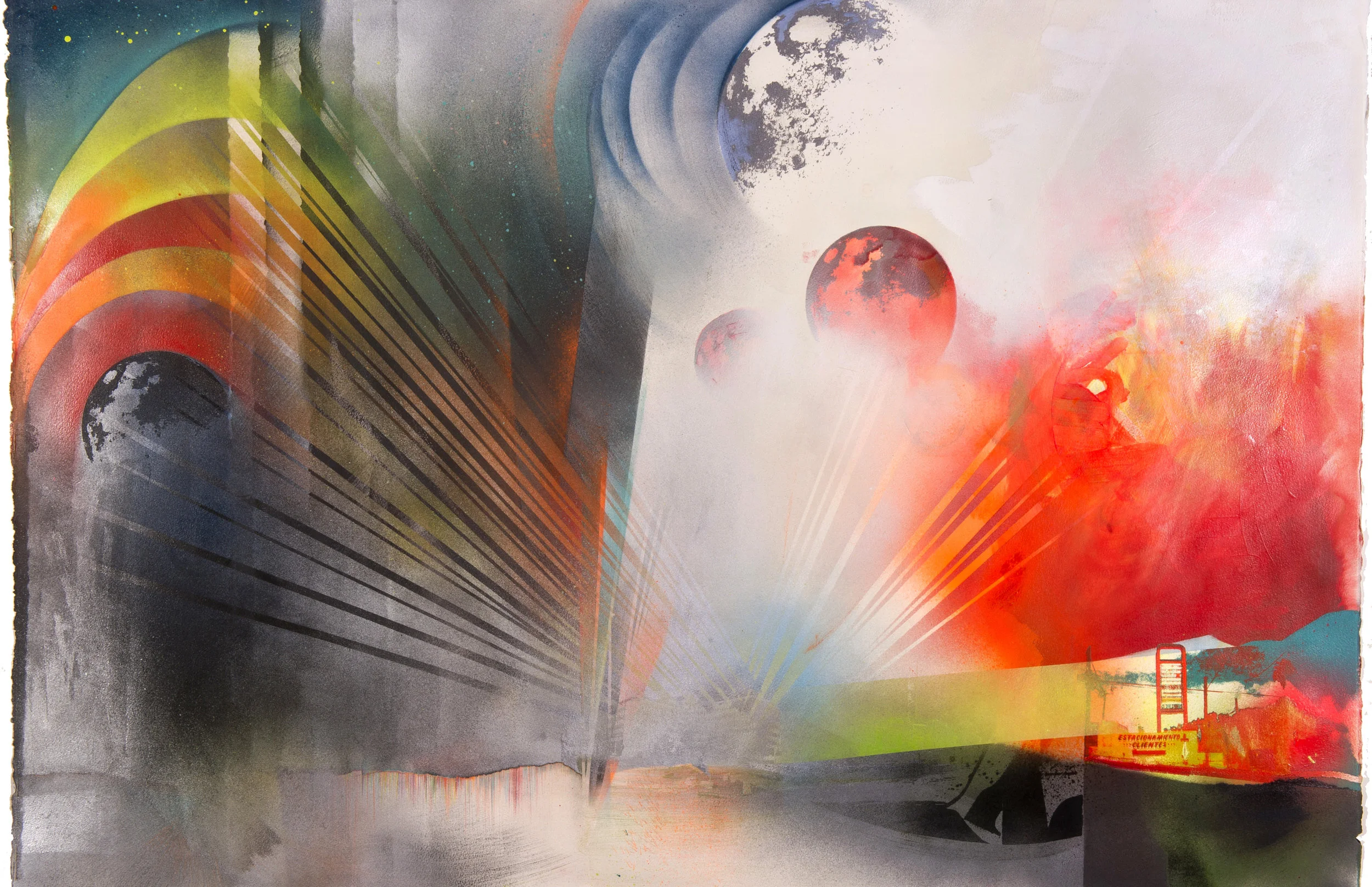 Caterpillar Headquarters Last Stand with Tortas El Turco at dawn, 2016 Oil, acrylic, spray paint and pencil on paper, 52 in W x 35 in H
