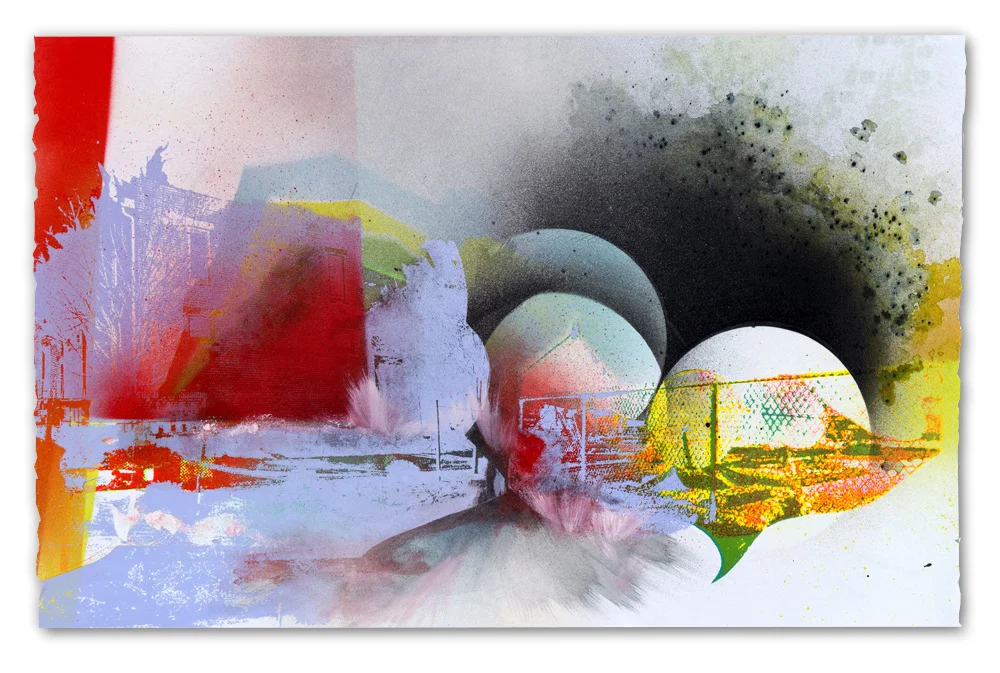Peoria satellite corral, after the landing…, 2016 Screen print, spray paint, tusche and watercolor, 15 in H x 22.5 in W