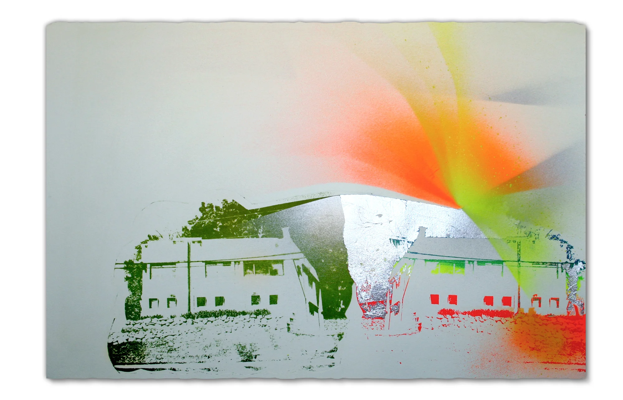 Architecture firm, East Peoria (I think), 2015 Photo lithography, screenprint, spray paint and pencil, 15 in H x 22.5 in W
