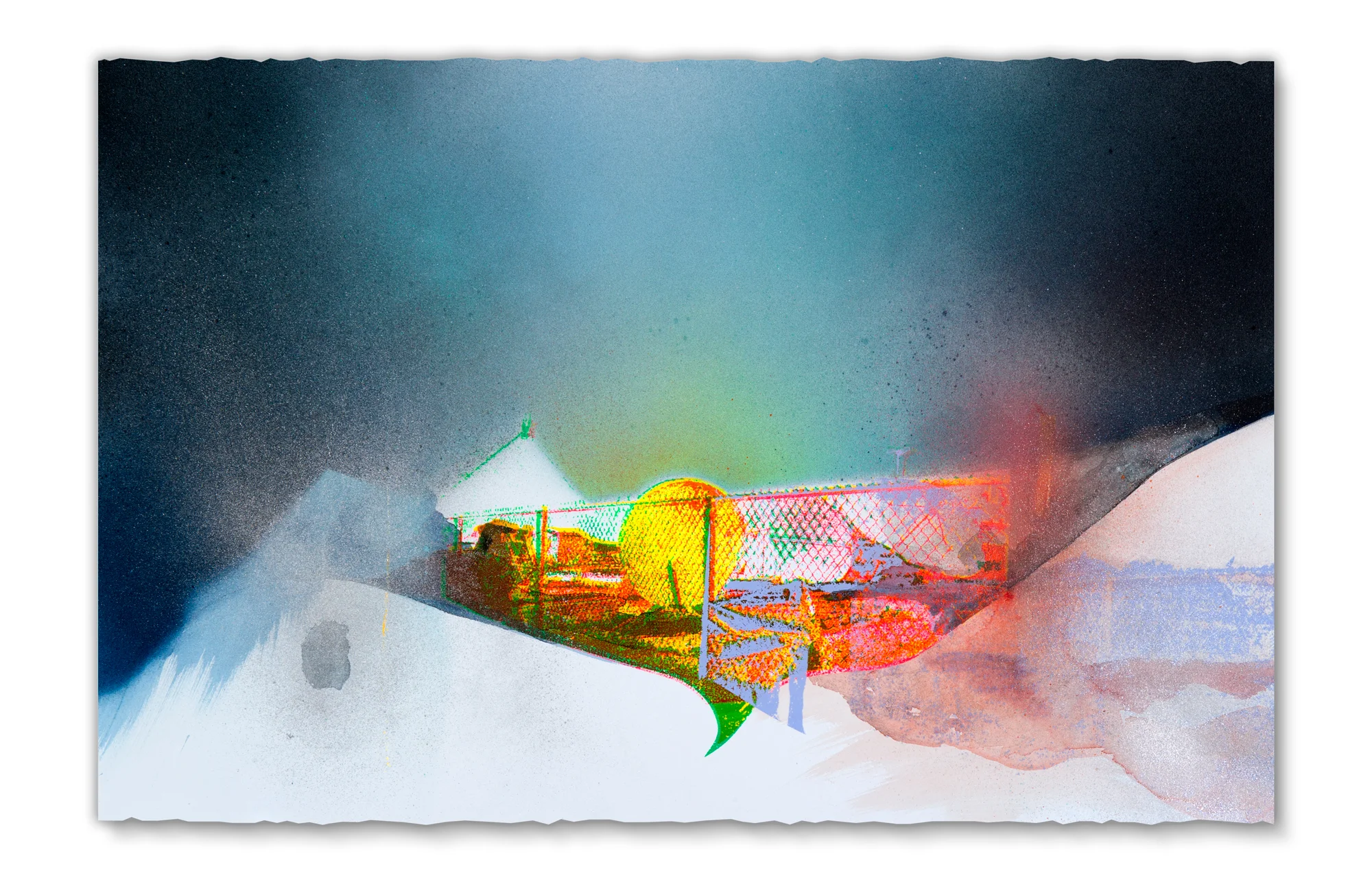 Peoria satellite corral, before the landing…, 2016 Screen print, spray paint, tusche and watercolor, 15 in H x 22.5 in W