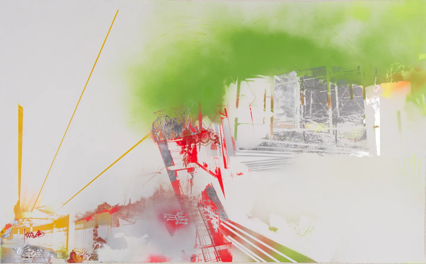 Those parking garages on the way up the hill might soon erode; free parking is an important selling point, 2015. Screenprint, paper lithography, pencil, spray paint and silver leaf, 35 in H x 60 in W
