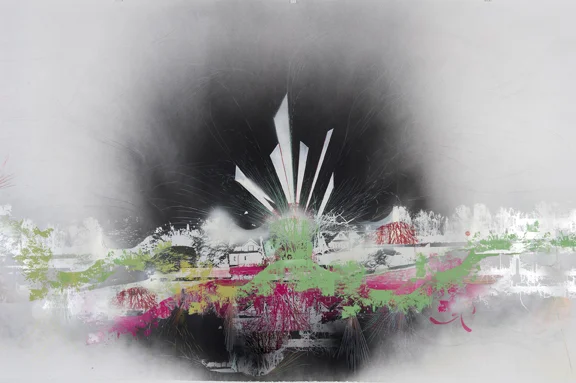 Where the grey house with pink shutters used to be before it was torn down (around the corner)…, 2013. Screenprint, spray paint and pencil, 12.5 feet W x 48 in H