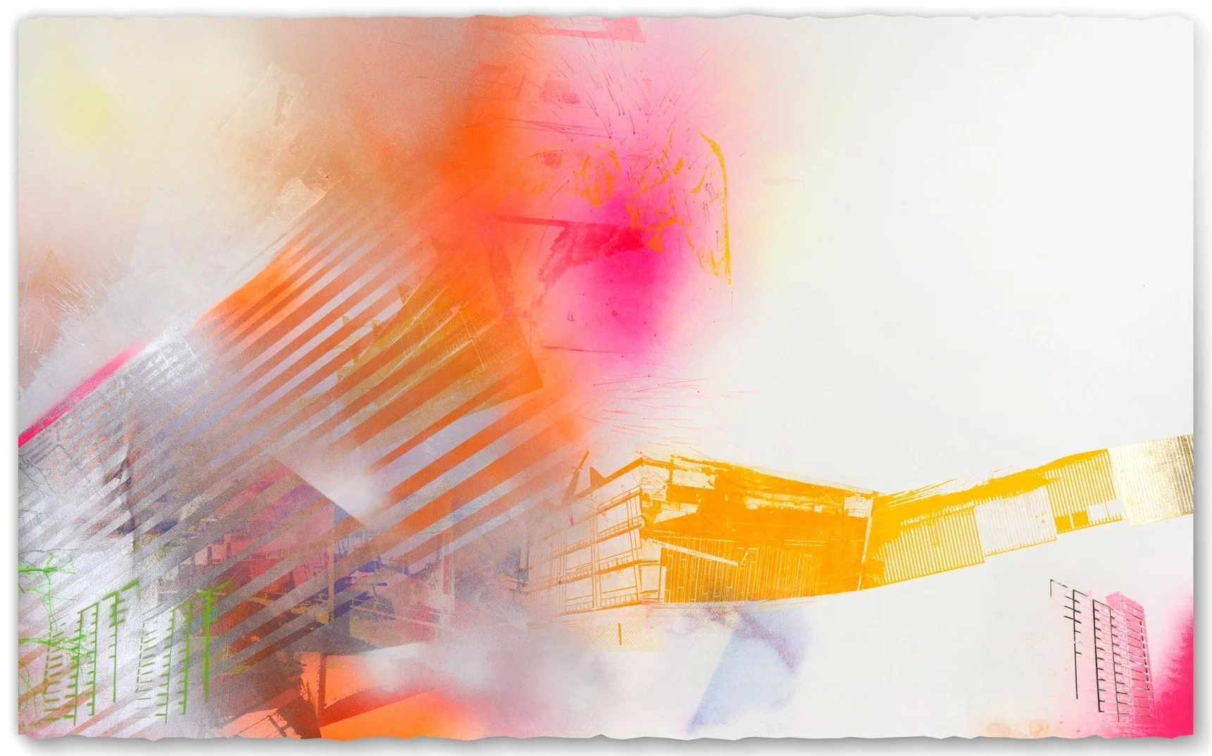 Skeleton Chester condos/skeletal border (it juts one foot too far into Mexico, which is noticed, in Playas) , 2015 Screenprint, paper lithography, pencil, spray paint and silver leaf, 35 in H x 60 in W