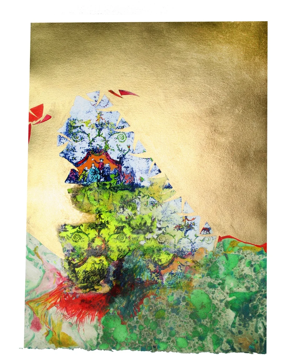 ”Aristocratic” Paysage Toile, Numéro 2 Gouache, Oil, Acrylic, pencil and Litho on paper 11 in W x 15 in H