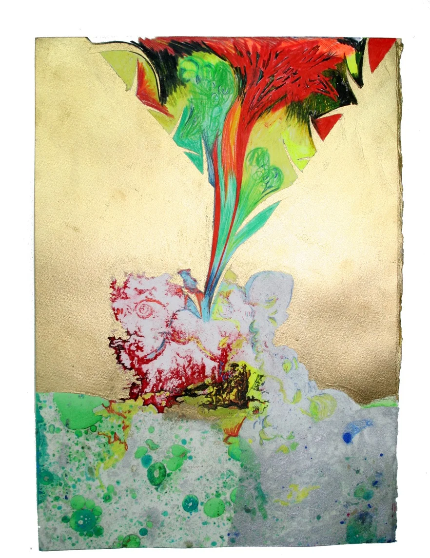 “Haunted" Toile Gouache, Oil, Acrylic, pencil and Litho on paper, 9 in W x 12.5 in H